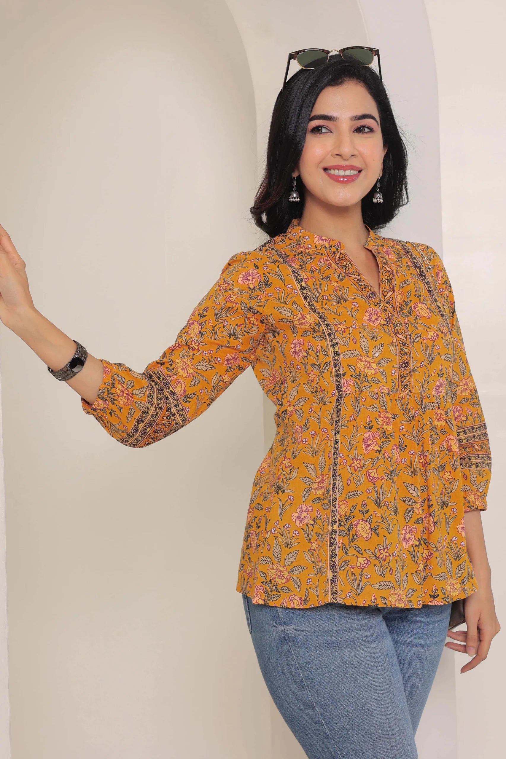 Mustard Print Mandarin Collar Empire Pure Cotton Longline Top