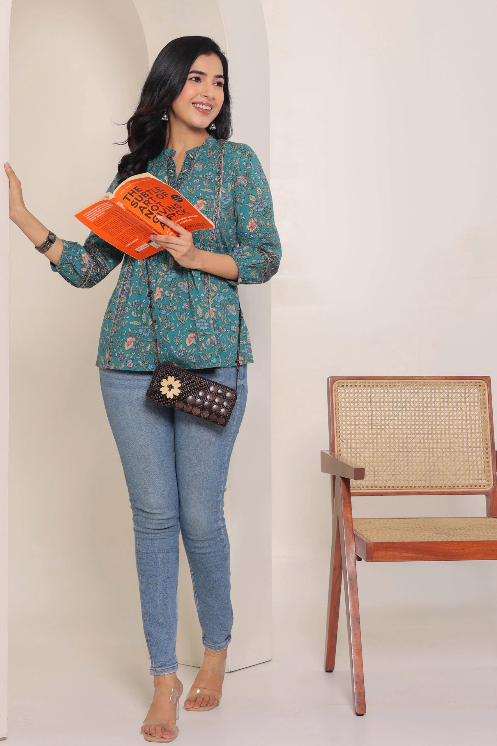 Green Print Mandarin Collar Empire Pure Cotton Longline Top