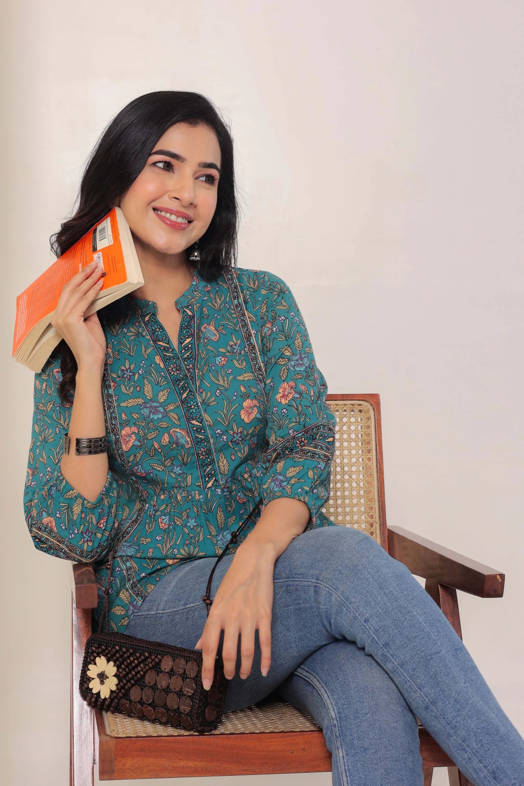 Green Print Mandarin Collar Empire Pure Cotton Longline Top