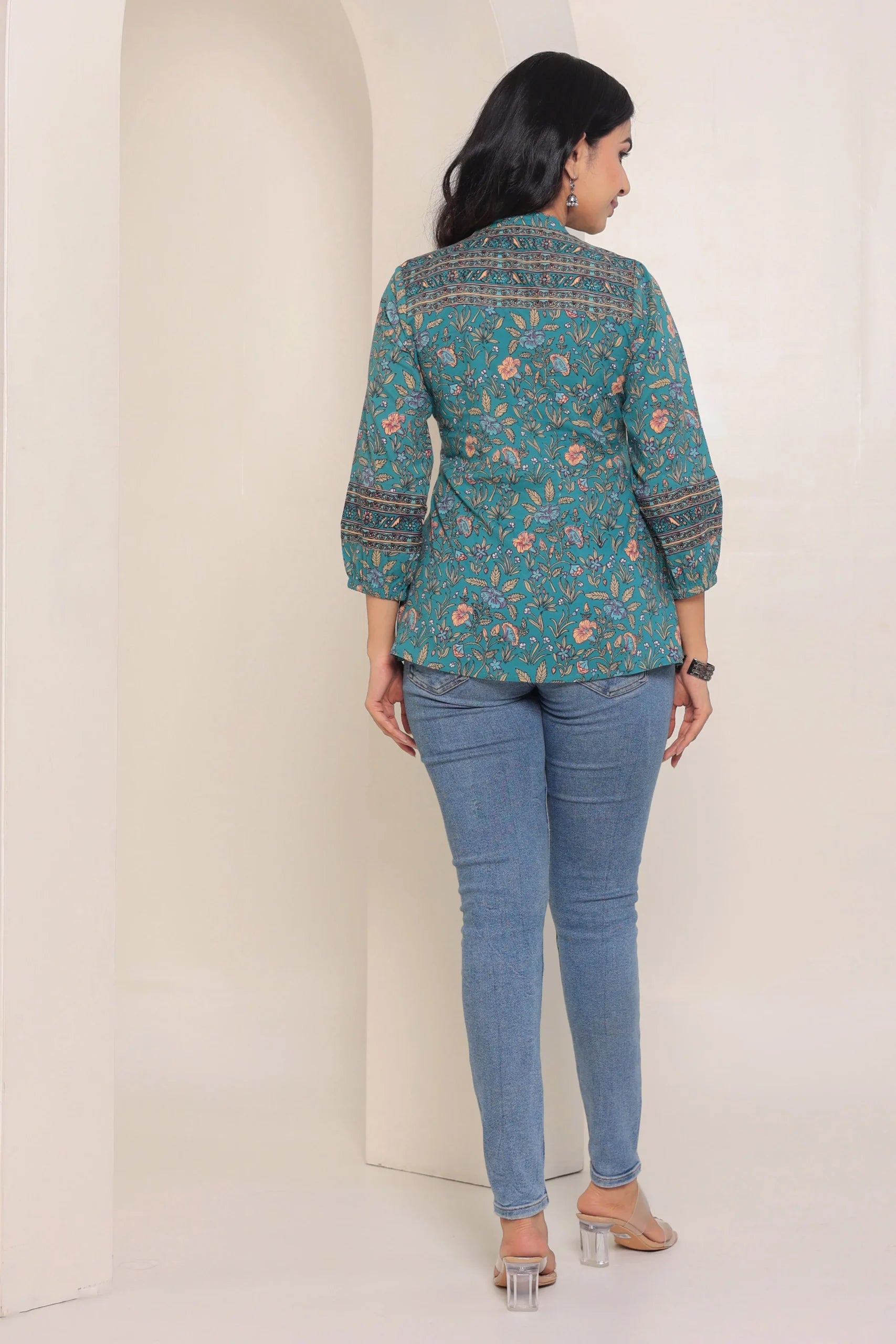 Green Print Mandarin Collar Empire Pure Cotton Longline Top
