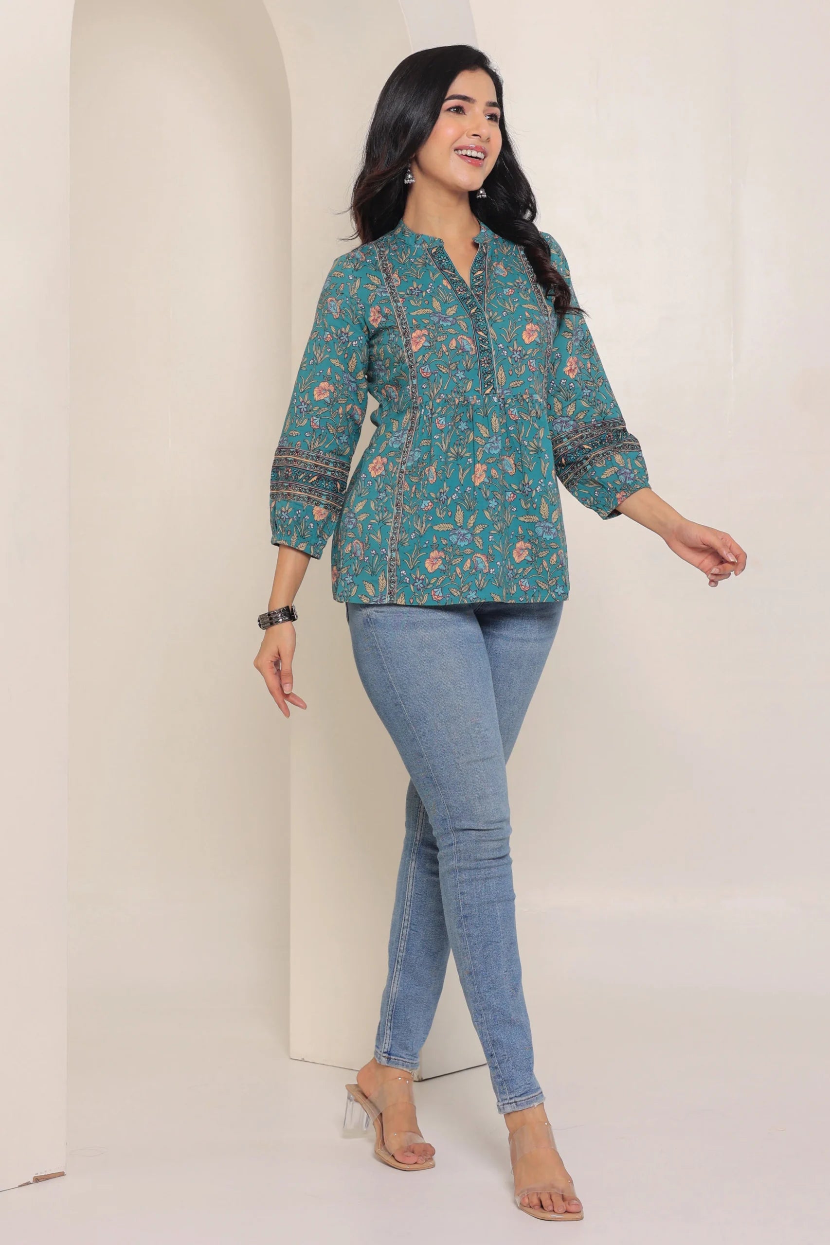 Green Print Mandarin Collar Empire Pure Cotton Longline Top