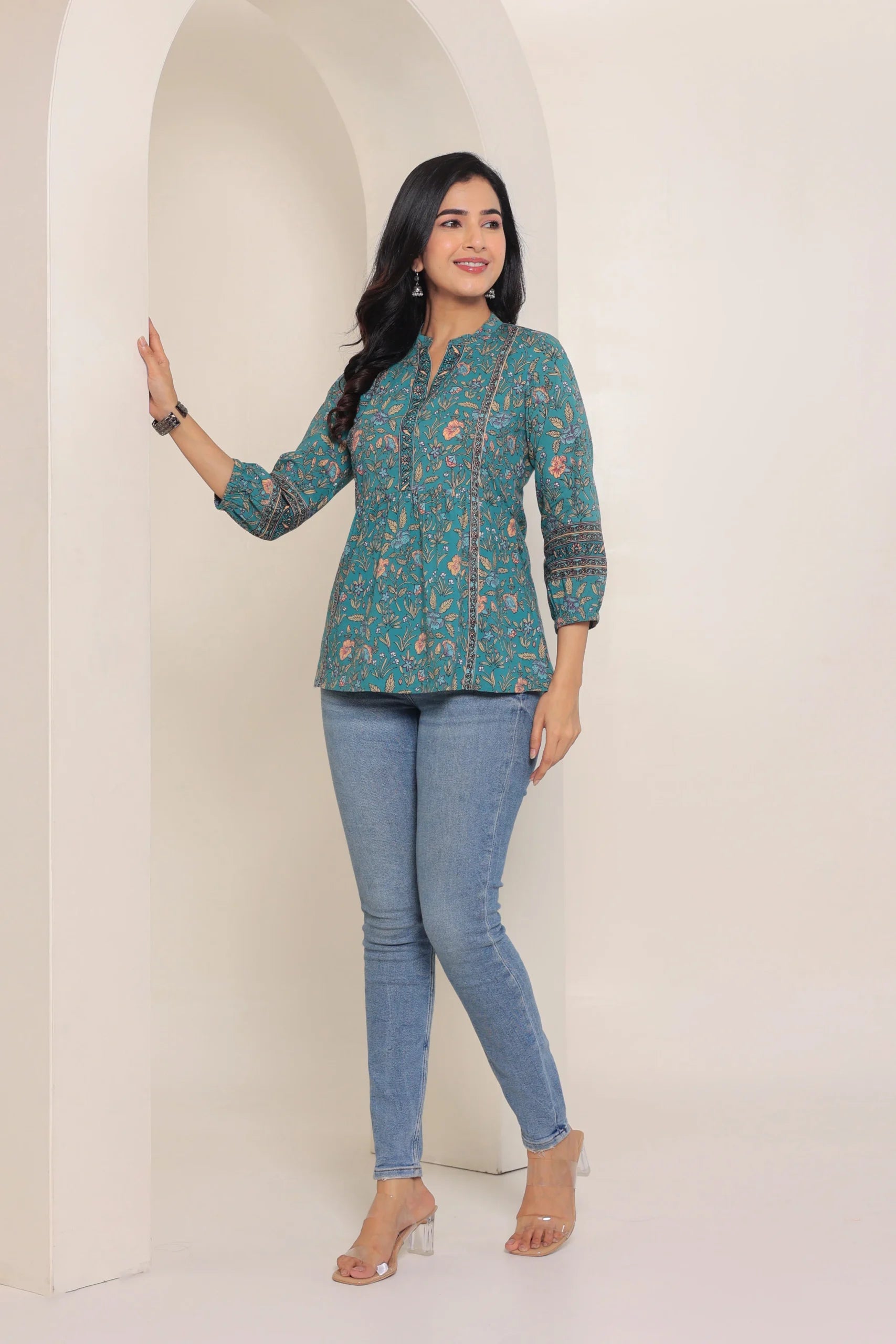 Green Print Mandarin Collar Empire Pure Cotton Longline Top