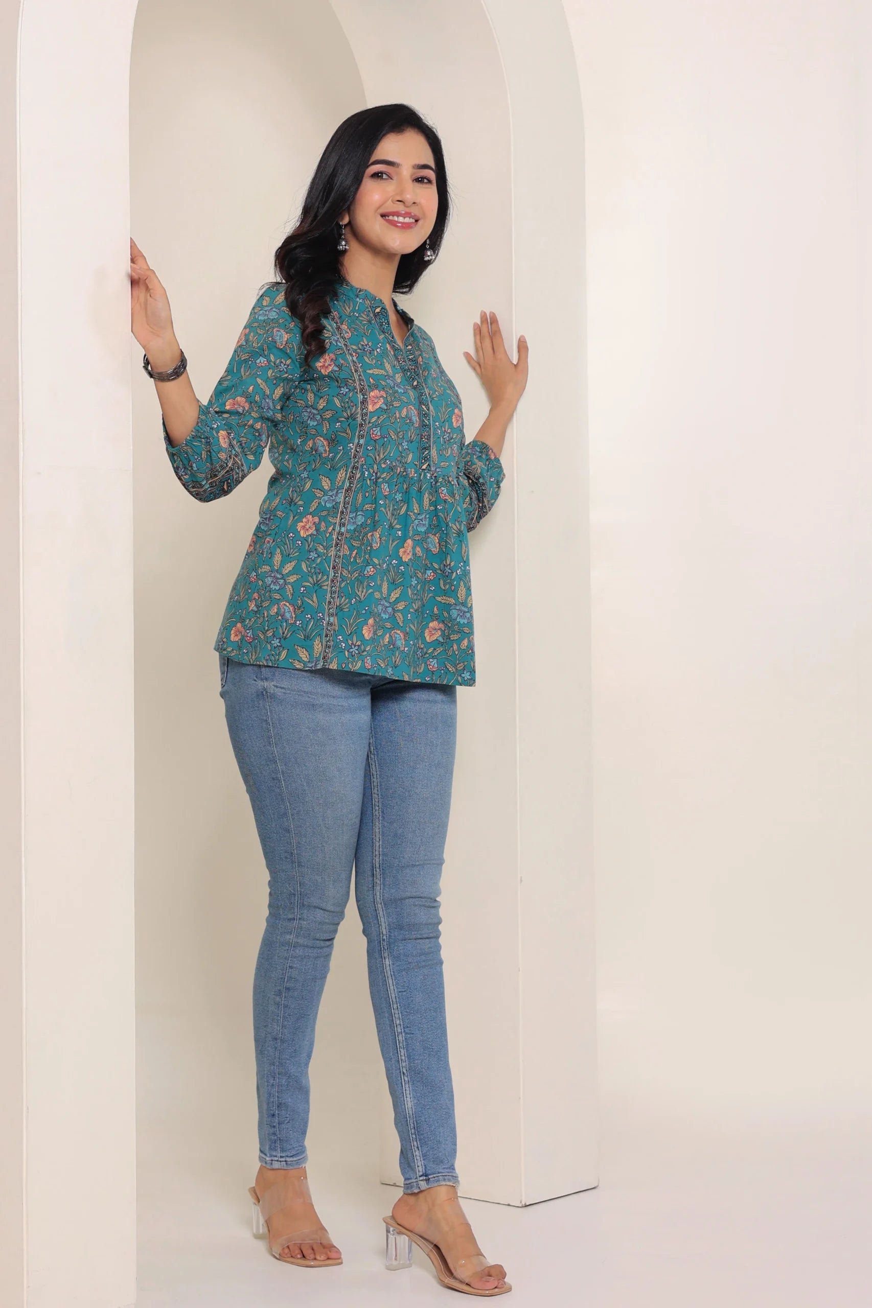 Green Print Mandarin Collar Empire Pure Cotton Longline Top