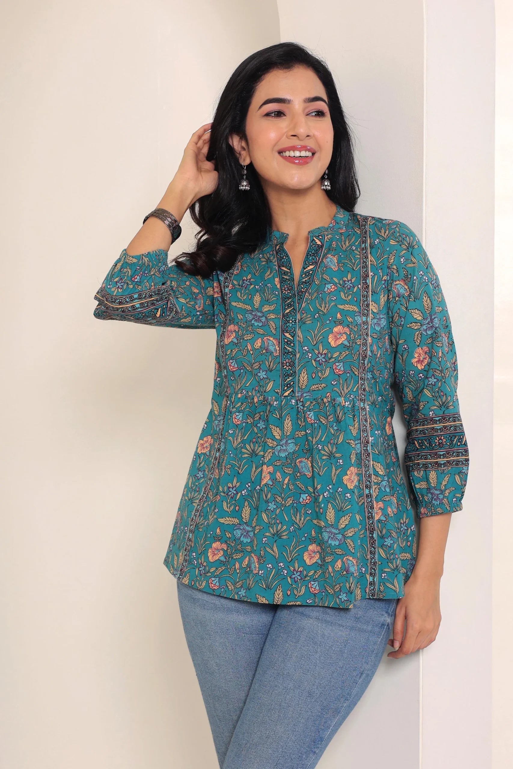 Green Print Mandarin Collar Empire Pure Cotton Longline Top