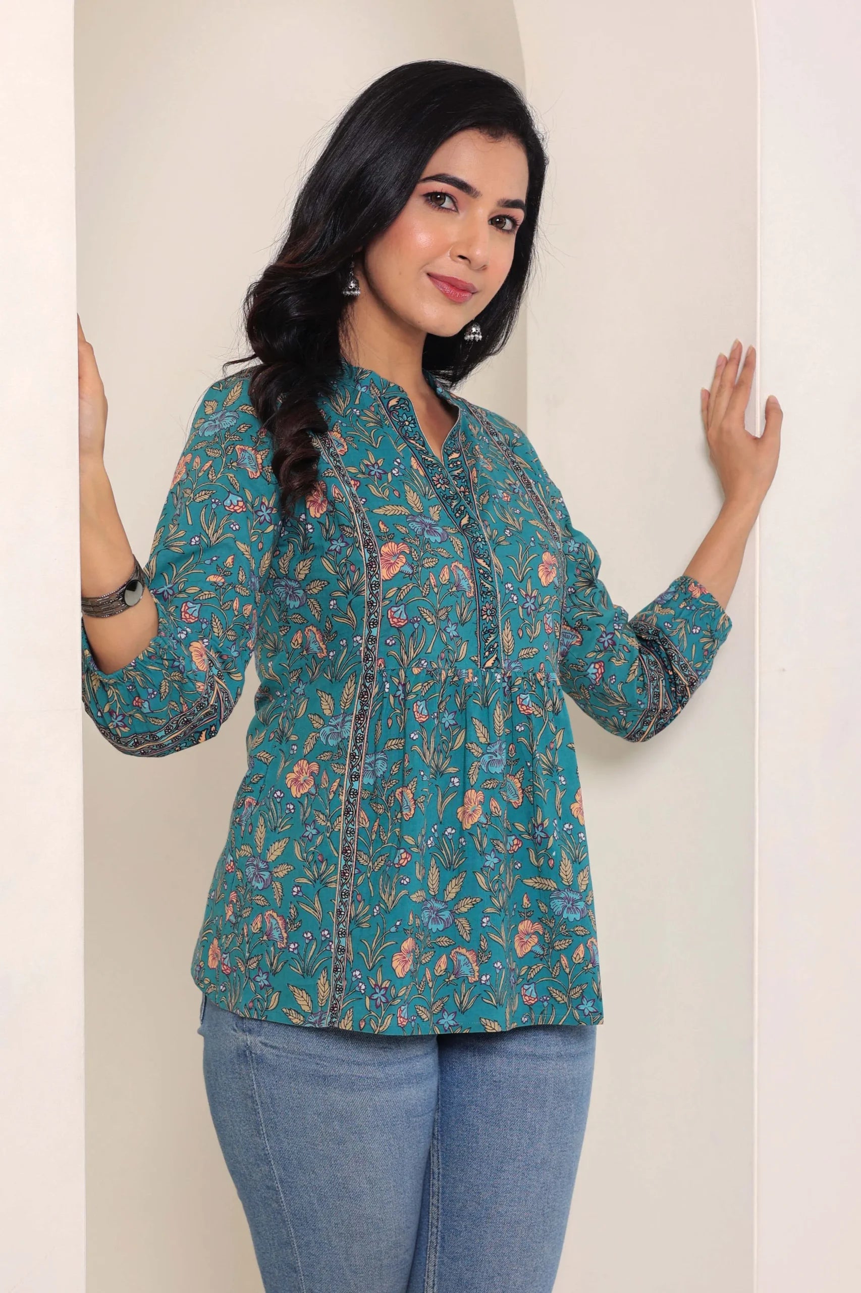 Green Print Mandarin Collar Empire Pure Cotton Longline Top
