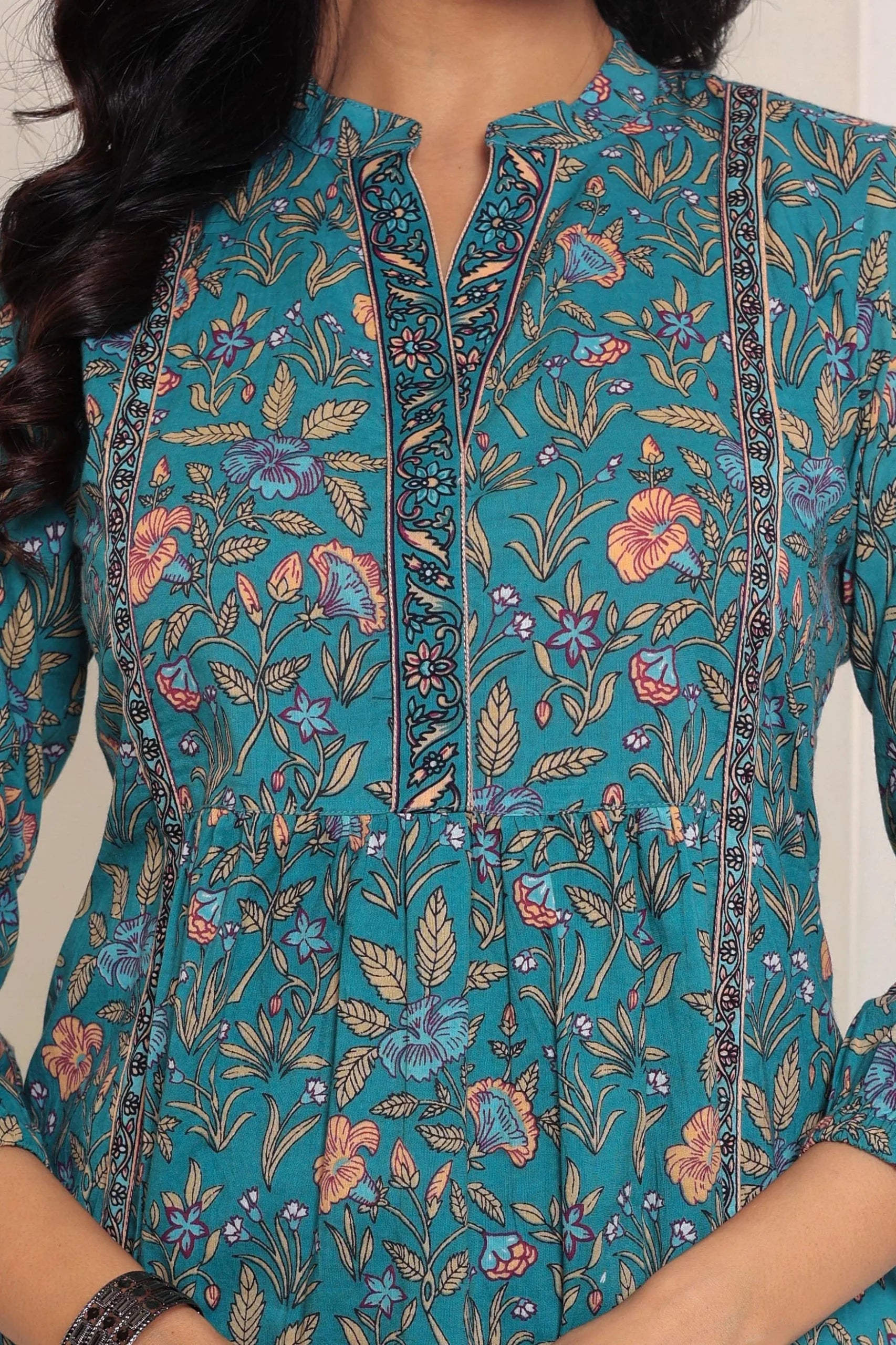 Green Print Mandarin Collar Empire Pure Cotton Longline Top