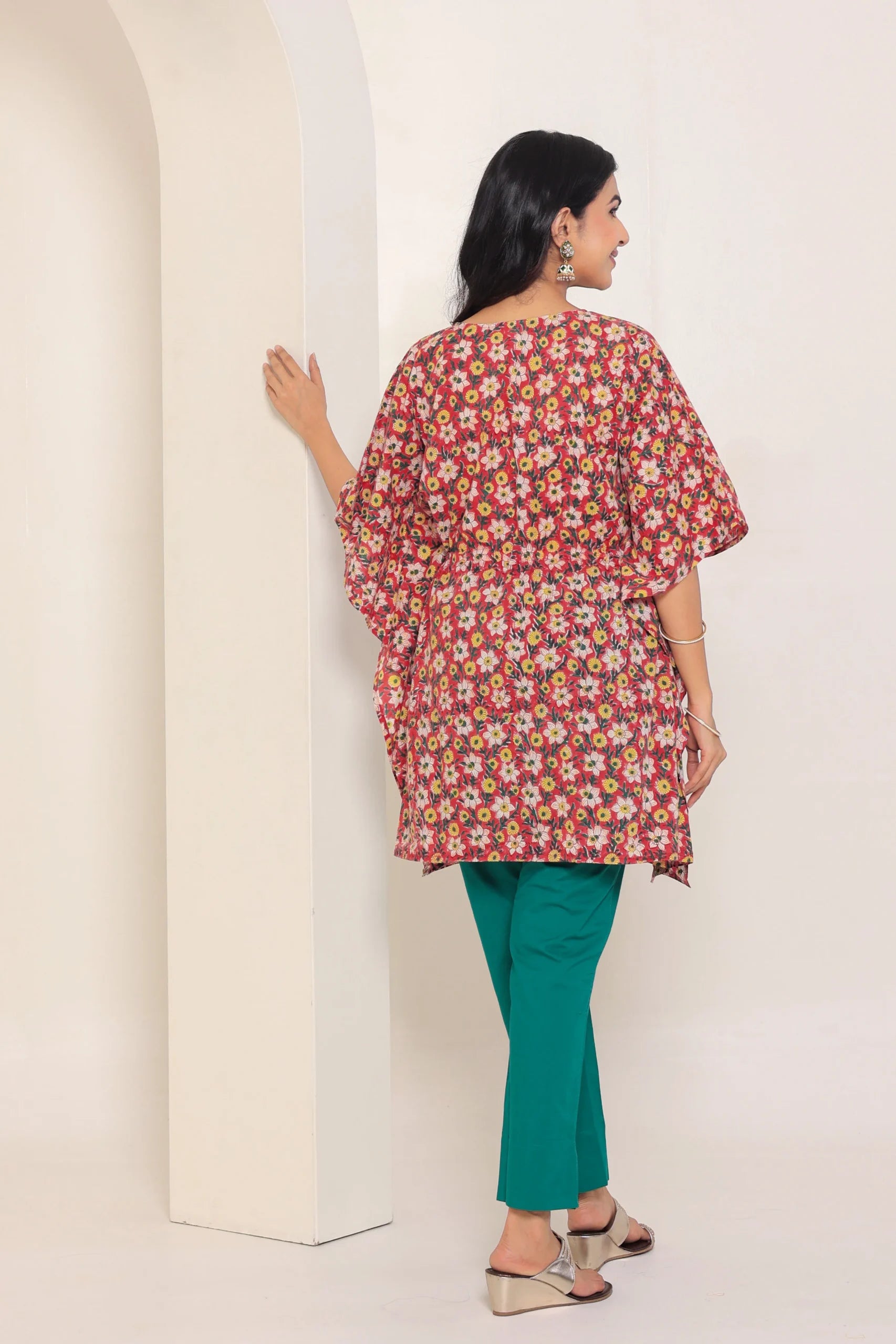 Dark Red Printed Cotton Kimono sleeves kaftan top