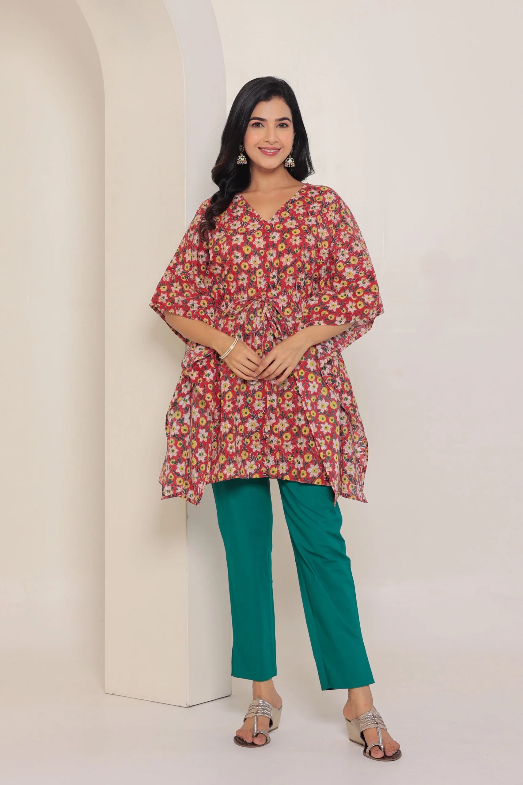 Dark Red Printed Cotton Kimono sleeves kaftan top