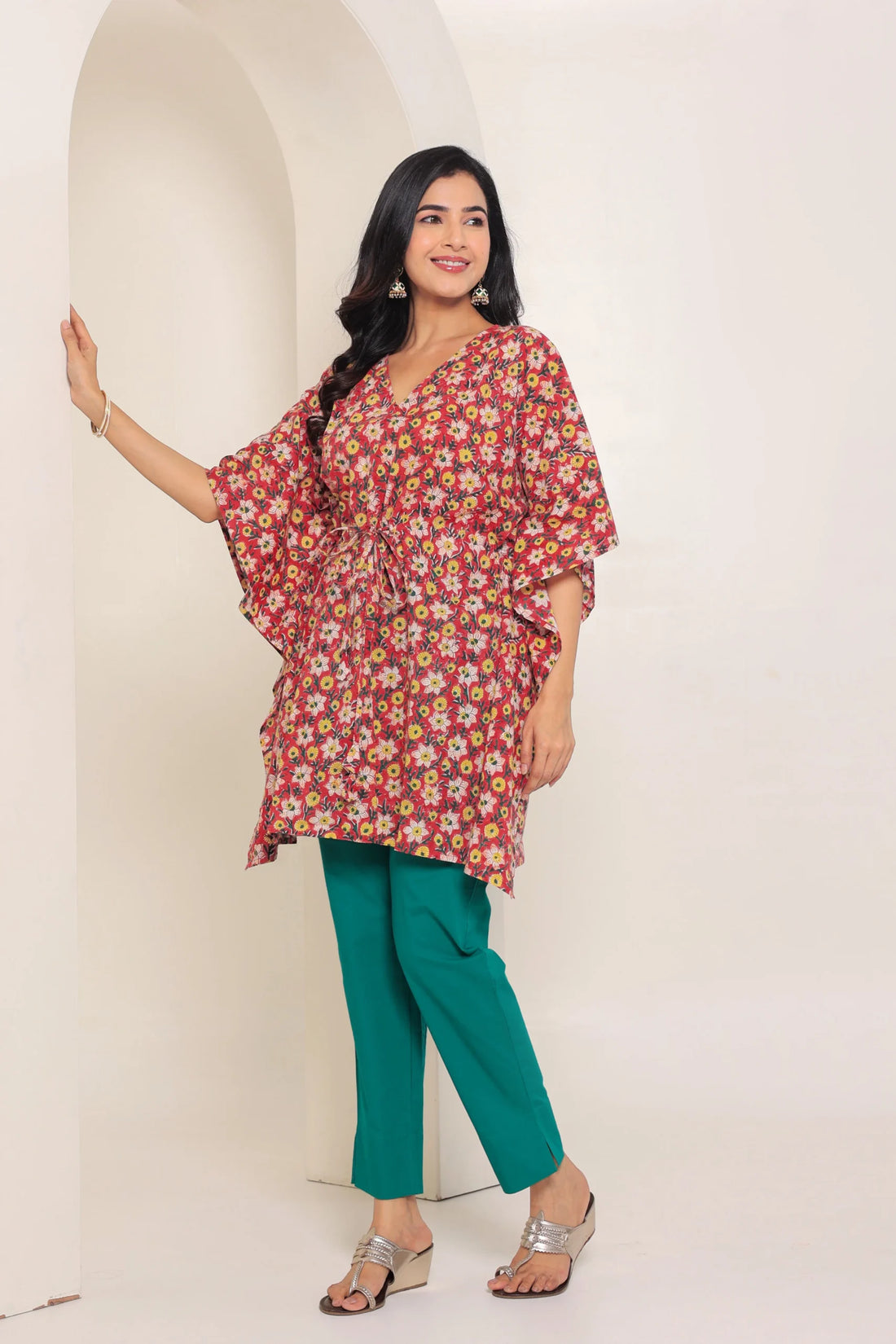 Dark Red Printed Cotton Kimono sleeves kaftan top