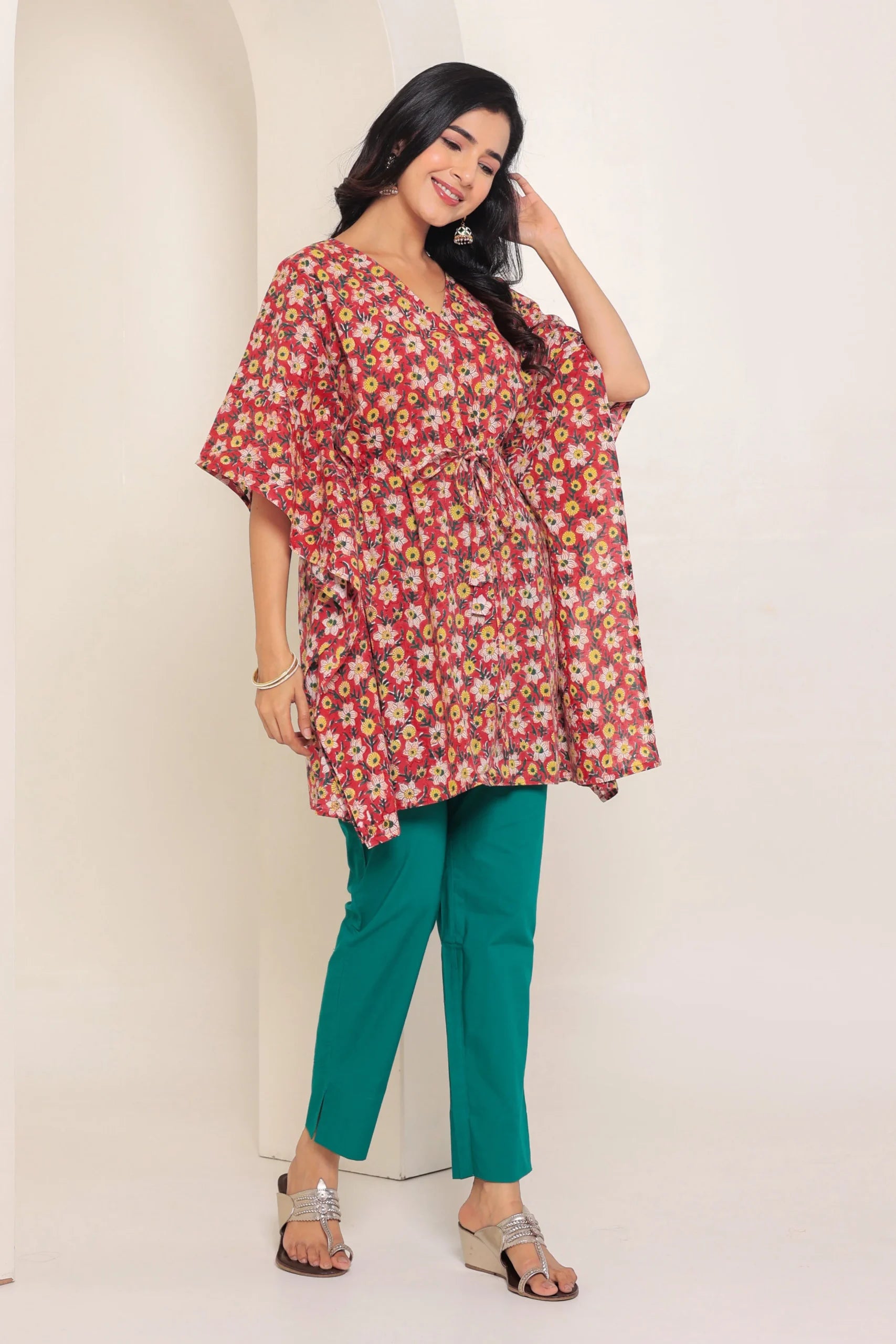 Dark Red Printed Cotton Kimono sleeves kaftan top