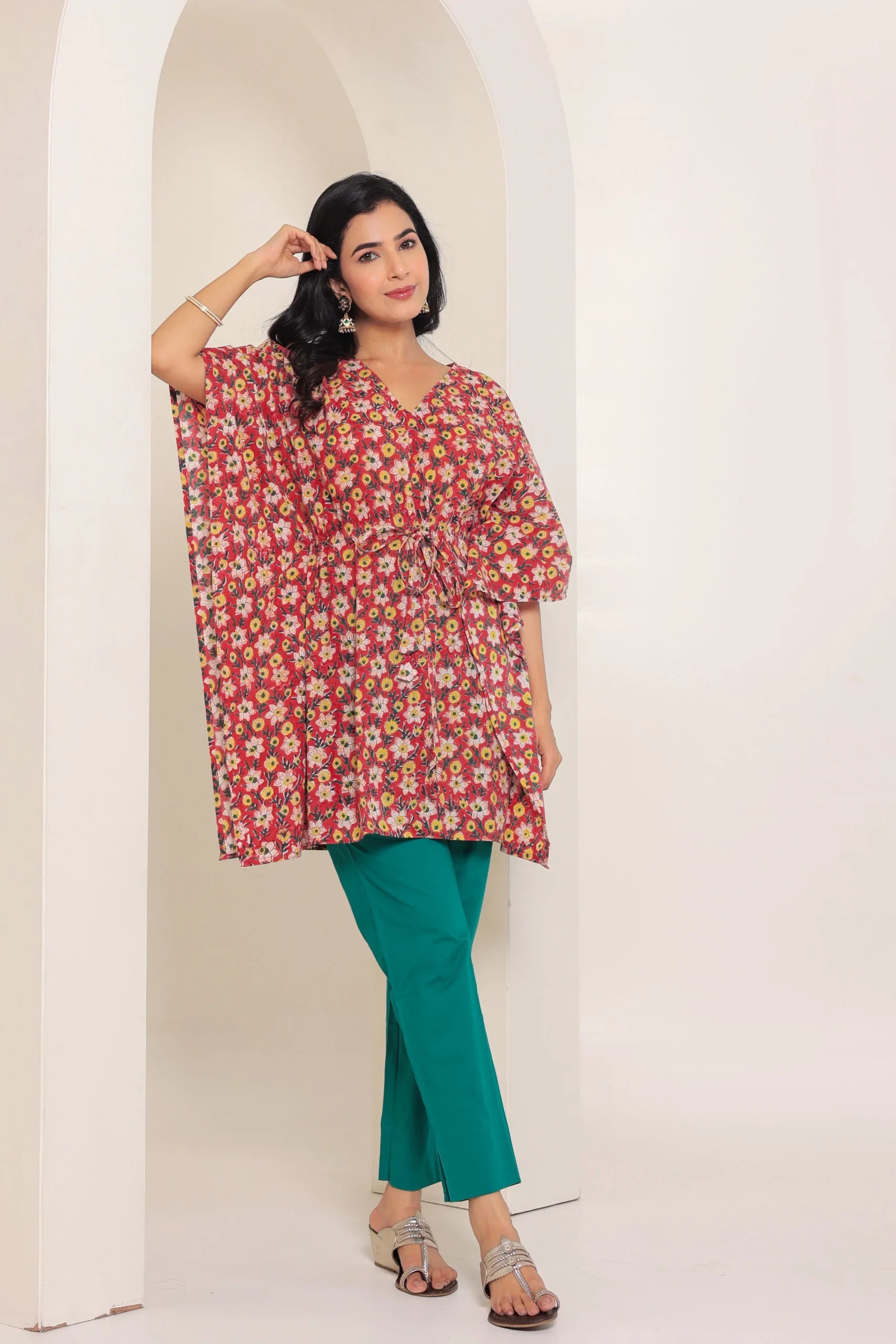Dark Red Printed Cotton Kimono sleeves kaftan top