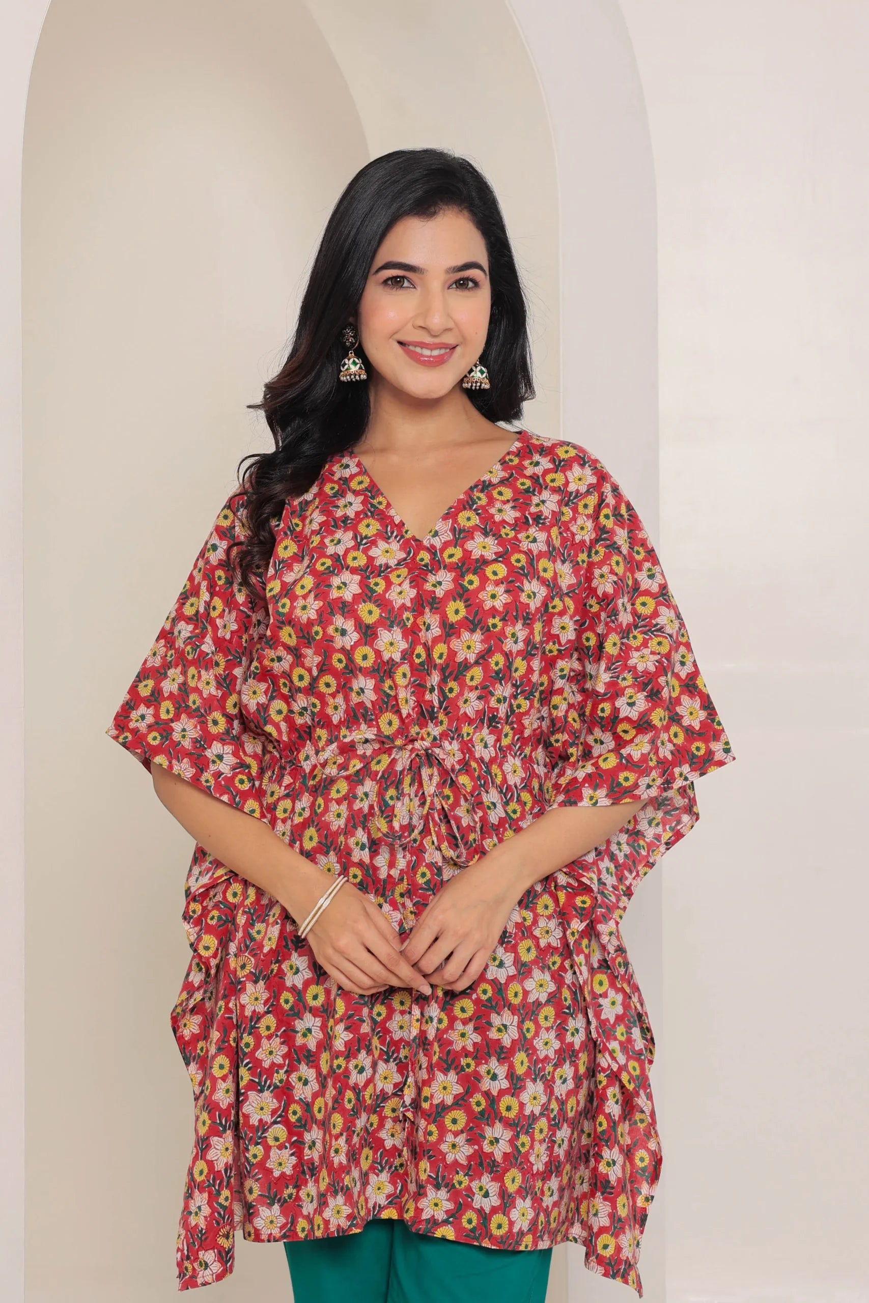 Dark Red Printed Cotton Kimono sleeves kaftan top