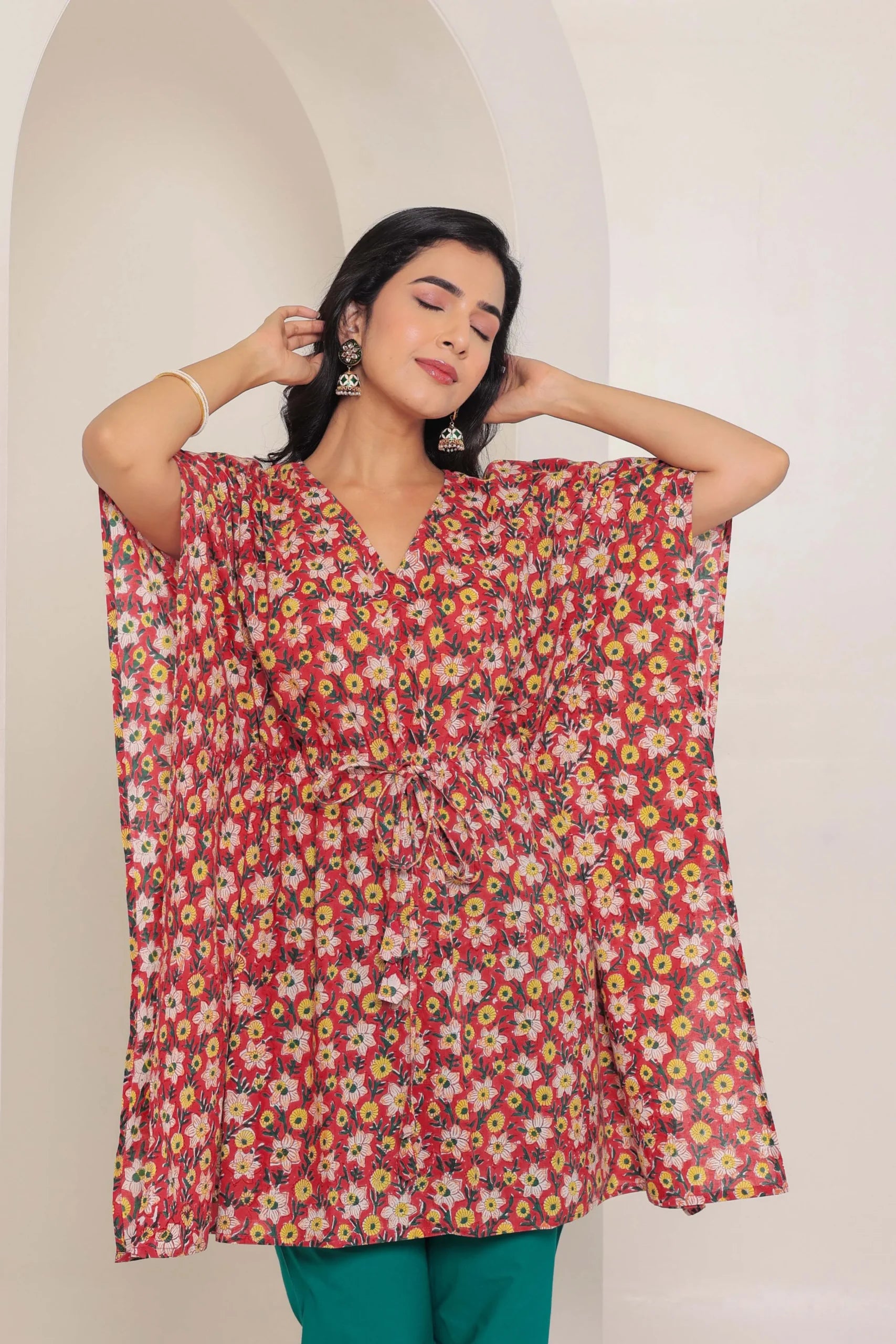 Dark Red Printed Cotton Kimono sleeves kaftan top