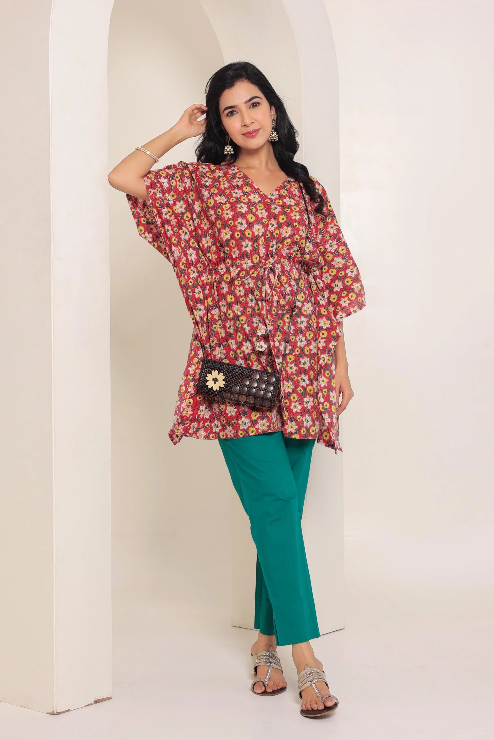 Dark Red Printed Cotton Kimono sleeves kaftan top