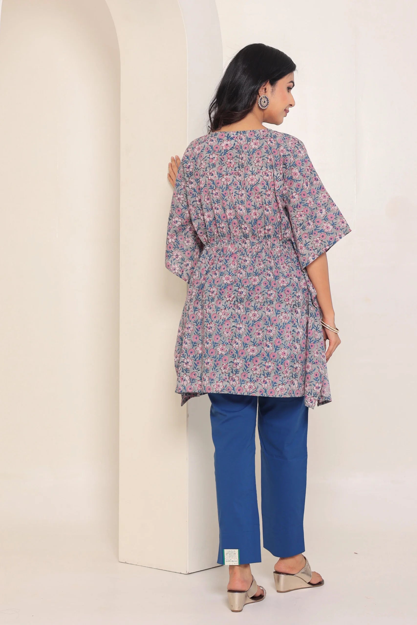 Grey Printed Cotton Kimono sleeves kaftan top