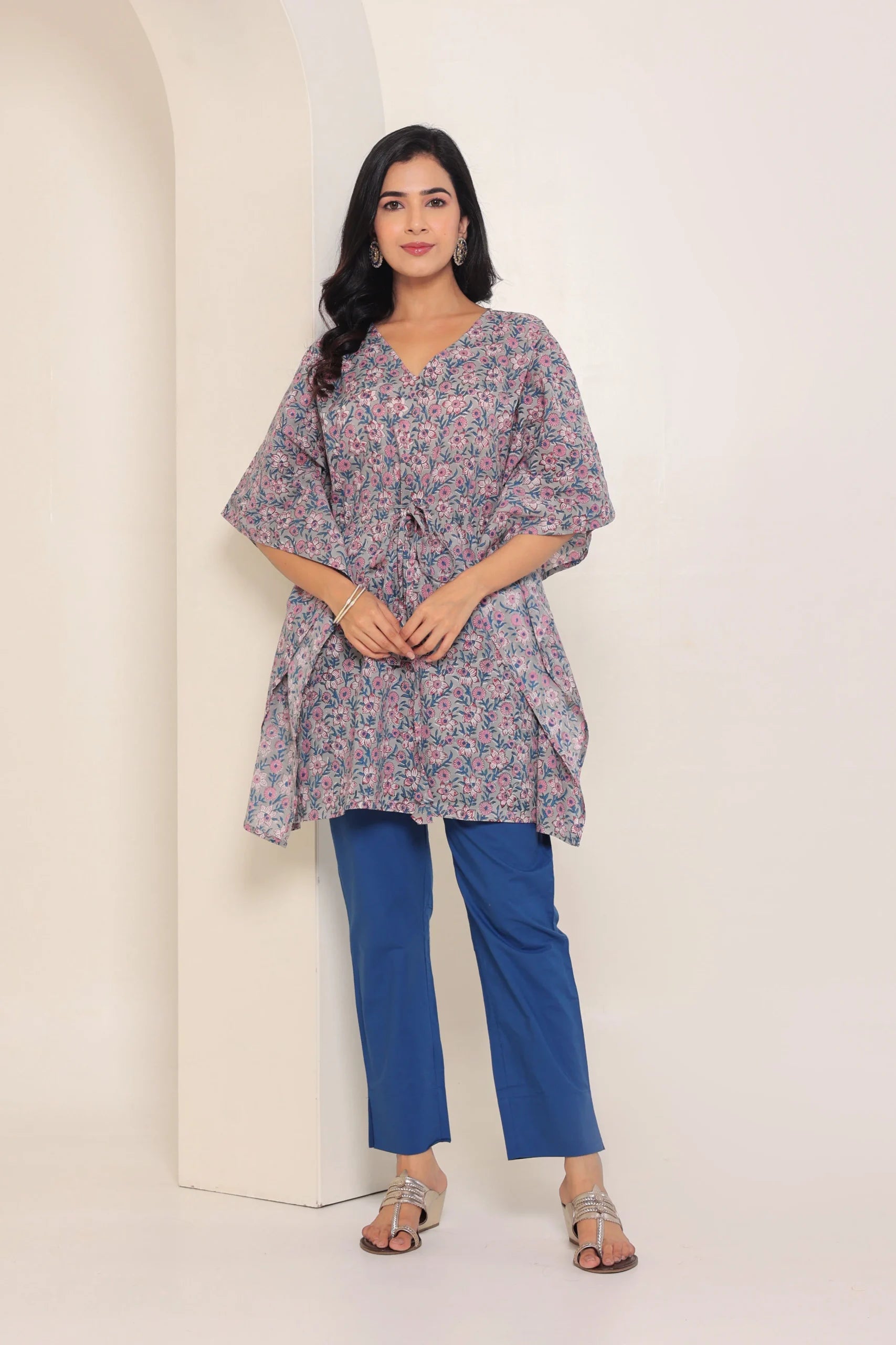 Grey Printed Cotton Kimono sleeves kaftan top