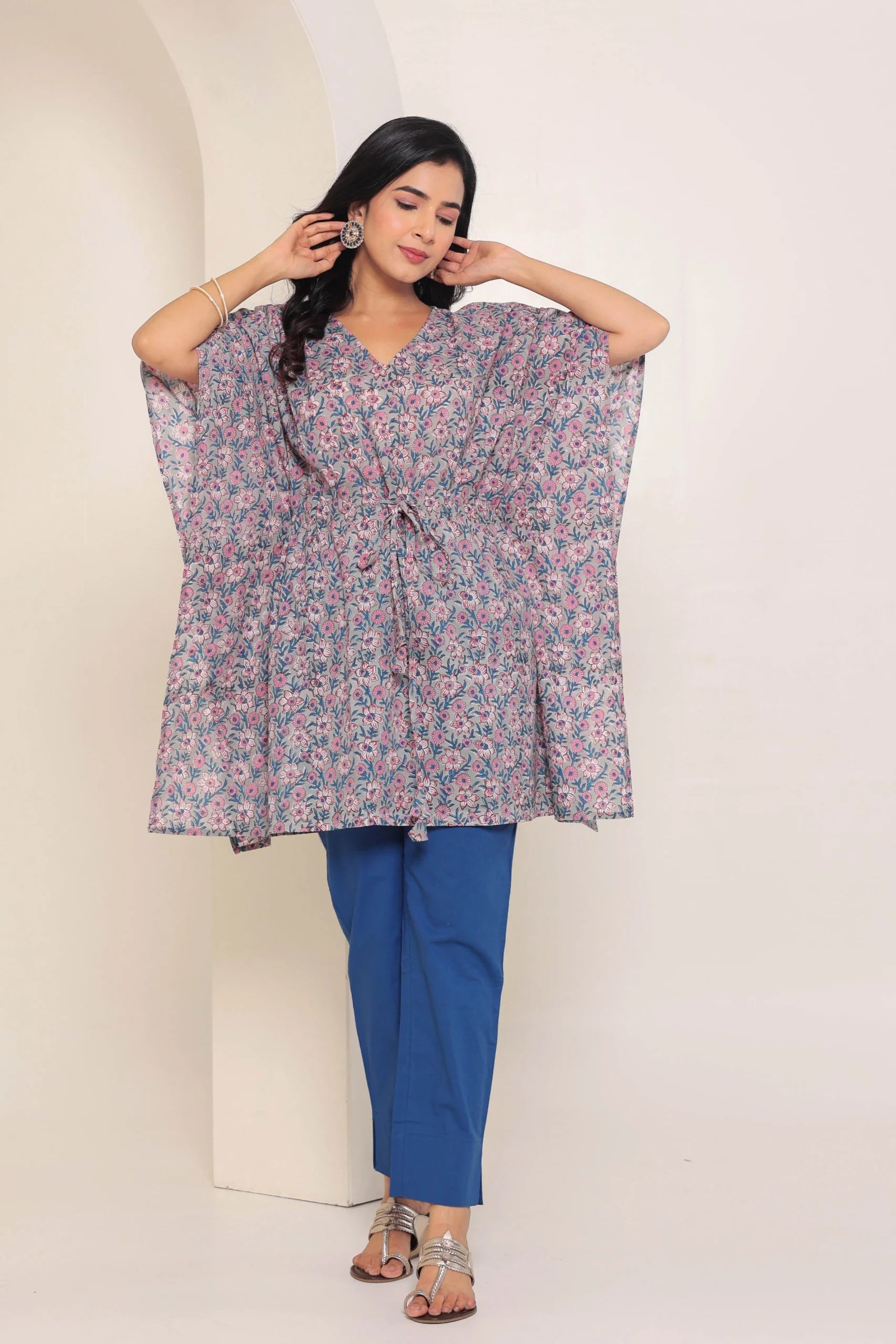 Grey Printed Cotton Kimono sleeves kaftan top