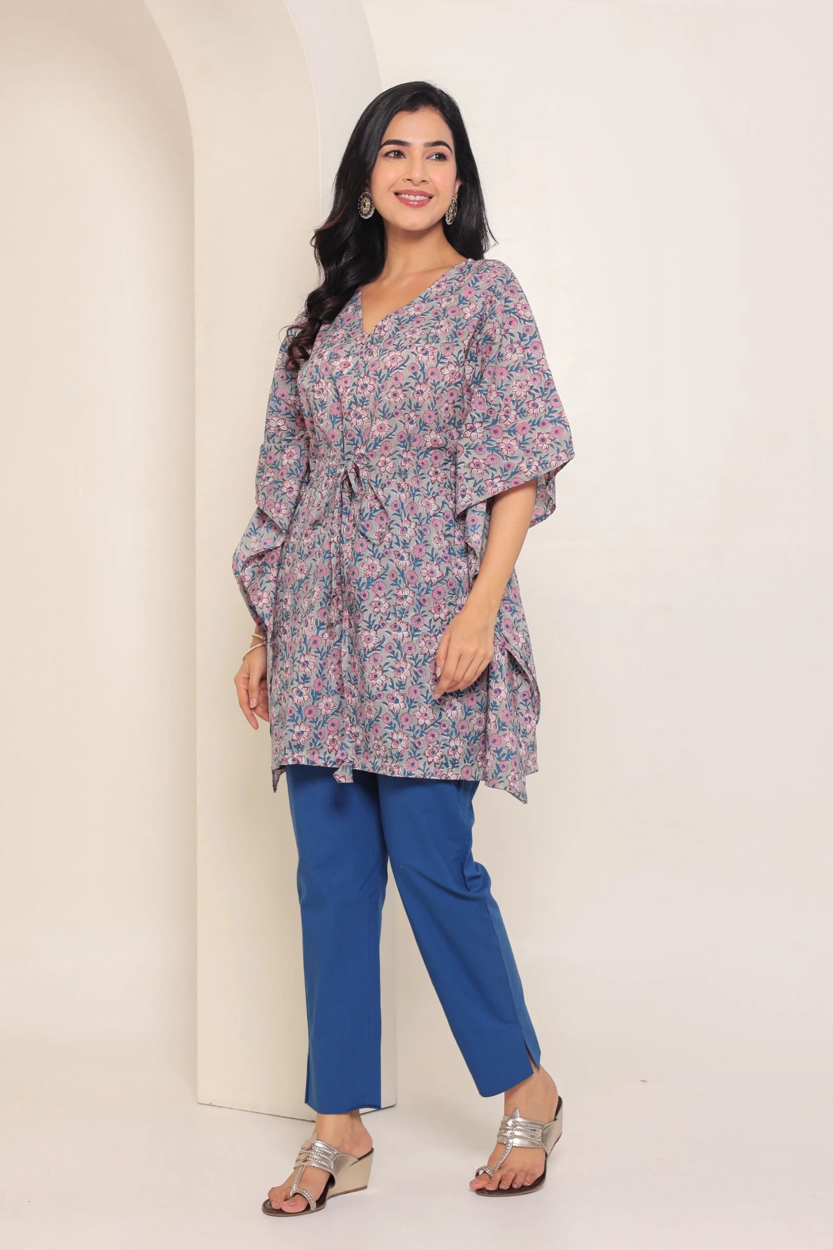 Grey Printed Cotton Kimono sleeves kaftan top