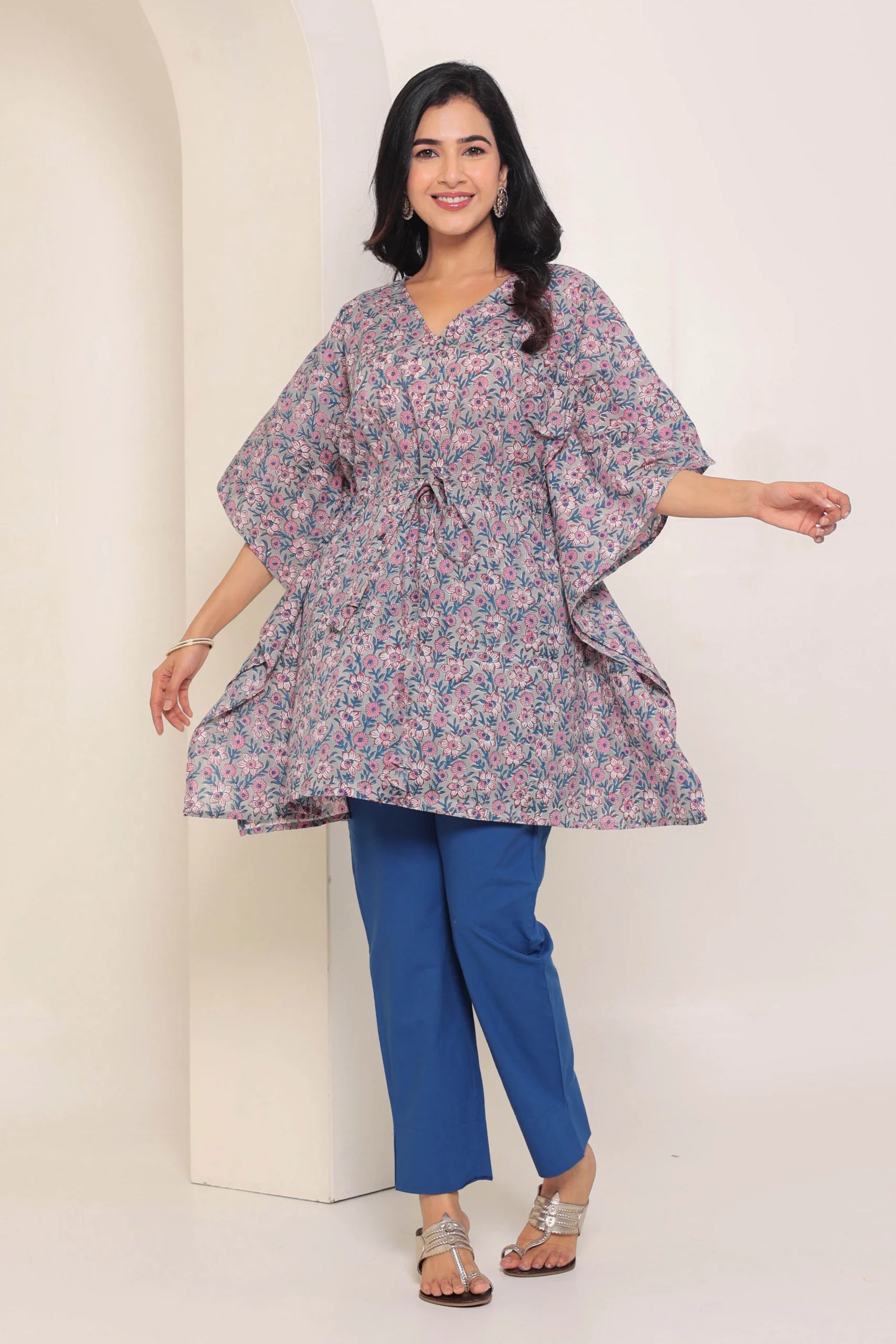 Grey Printed Cotton Kimono sleeves kaftan top