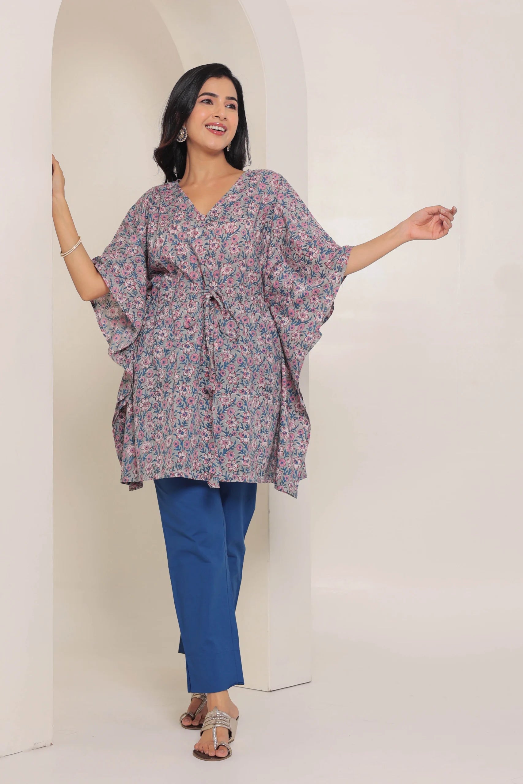 Grey Printed Cotton Kimono sleeves kaftan top