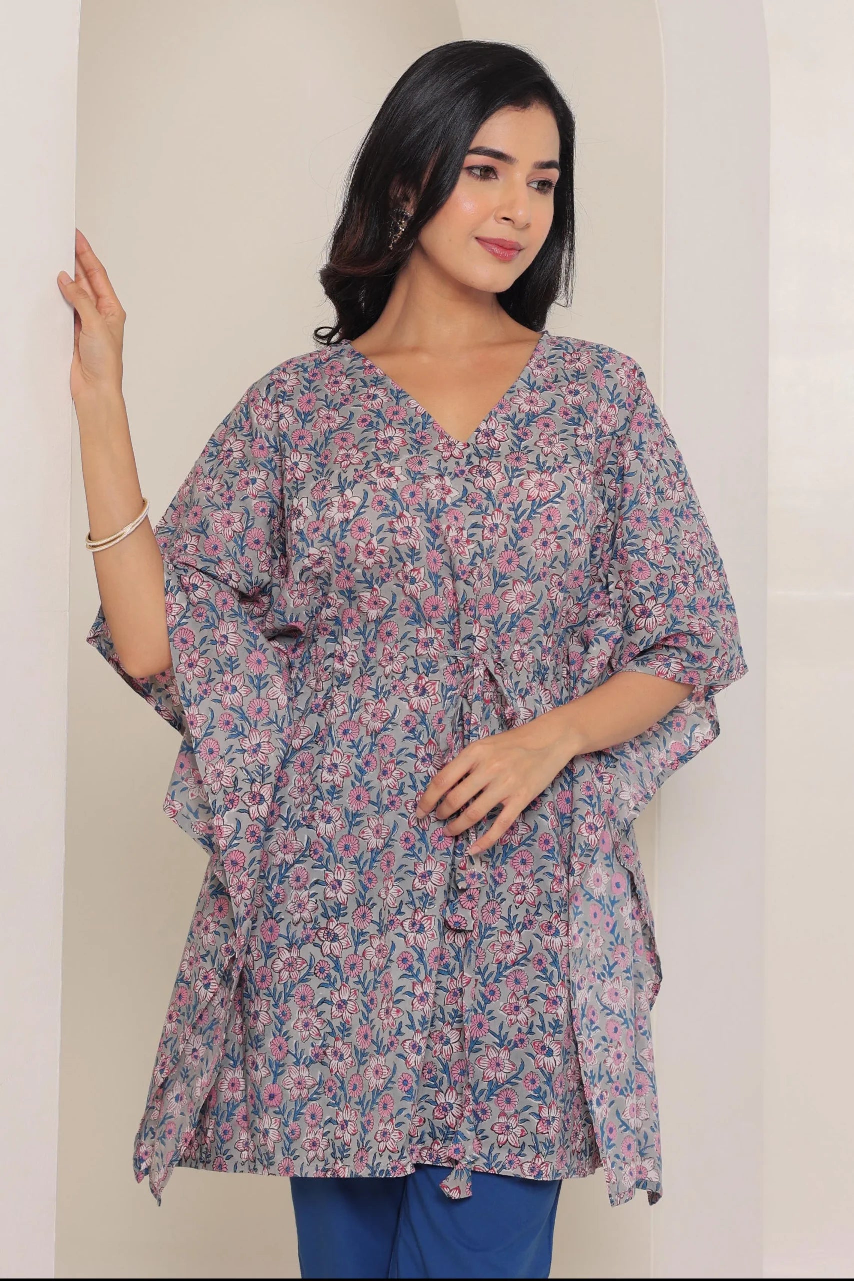 Grey Printed Cotton Kimono sleeves kaftan top
