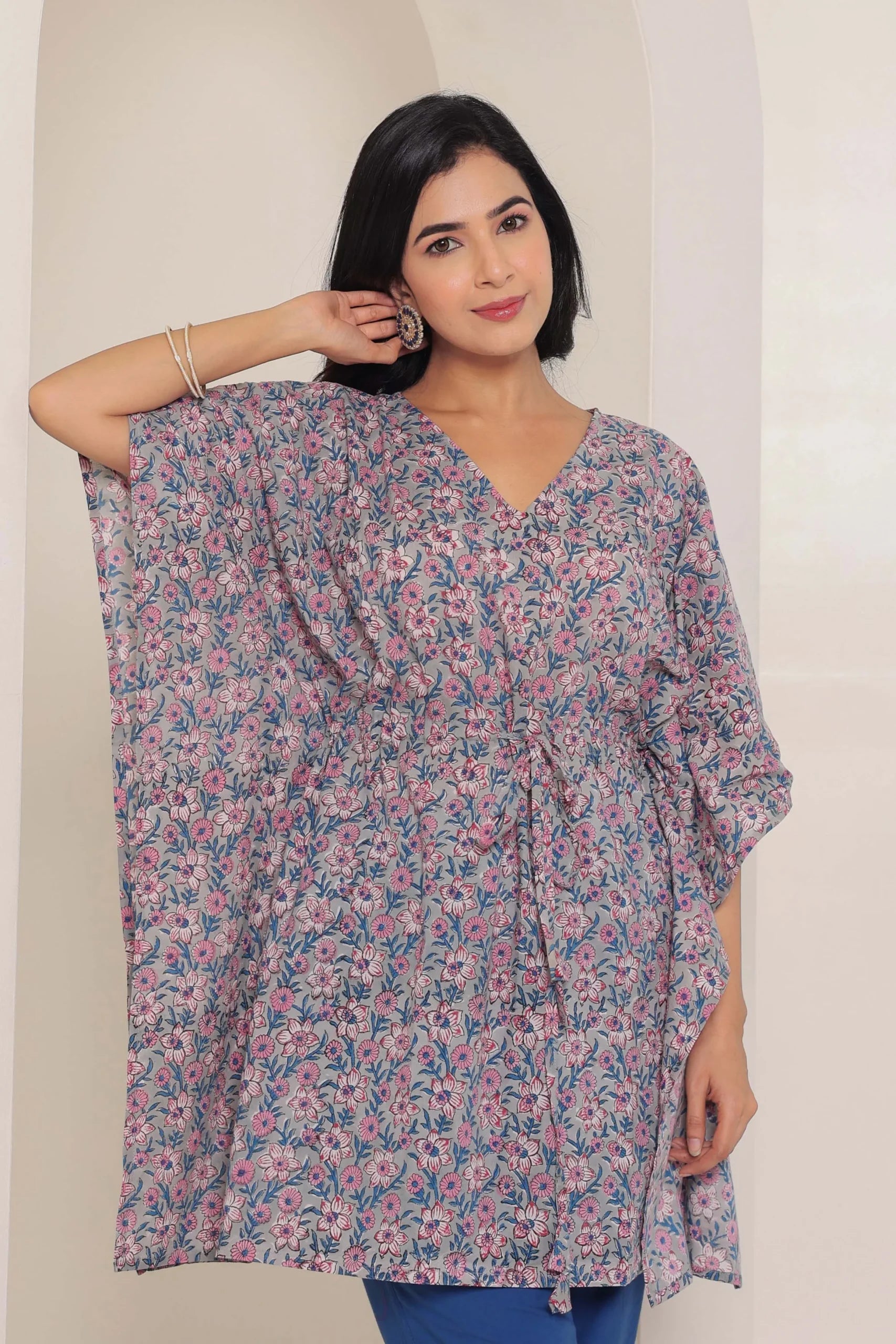 Grey Printed Cotton Kimono sleeves kaftan top