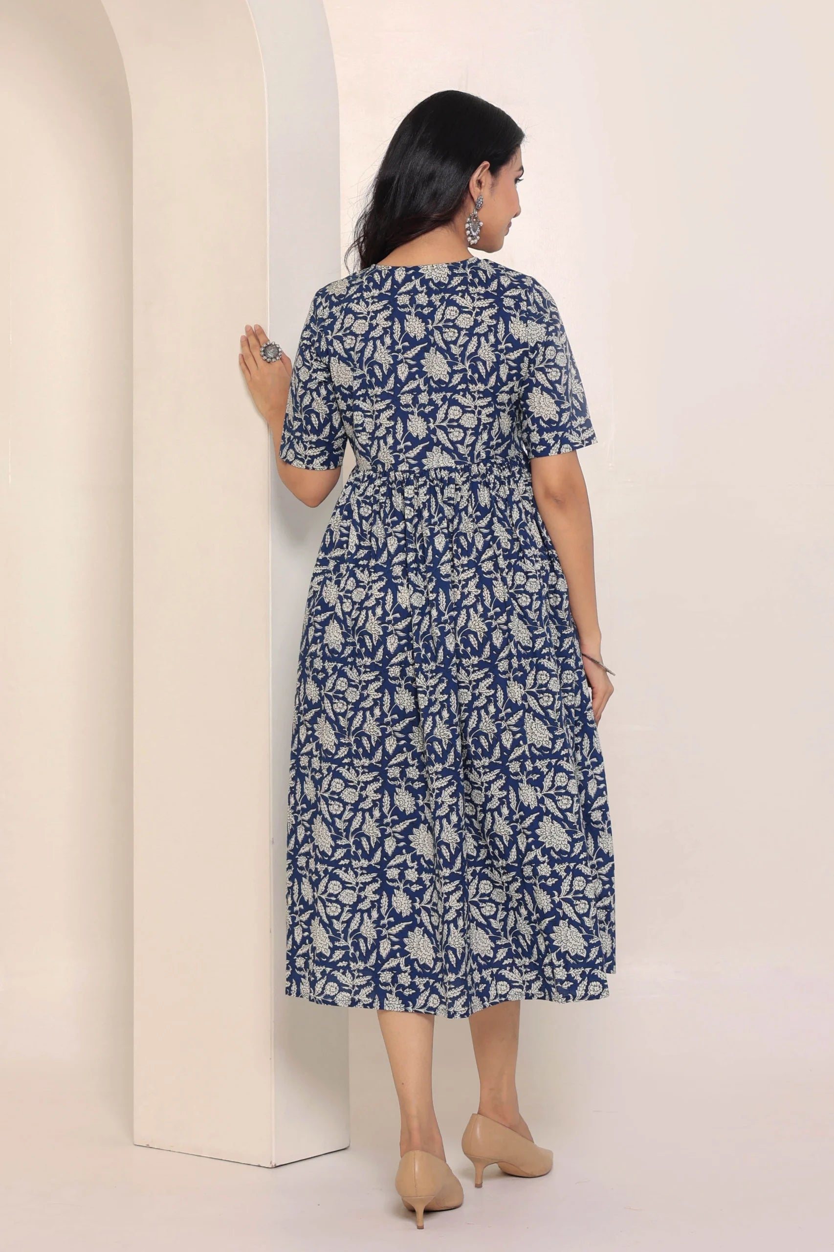 Blue Hand Block Printed V-Neck Dress In Angrakha style