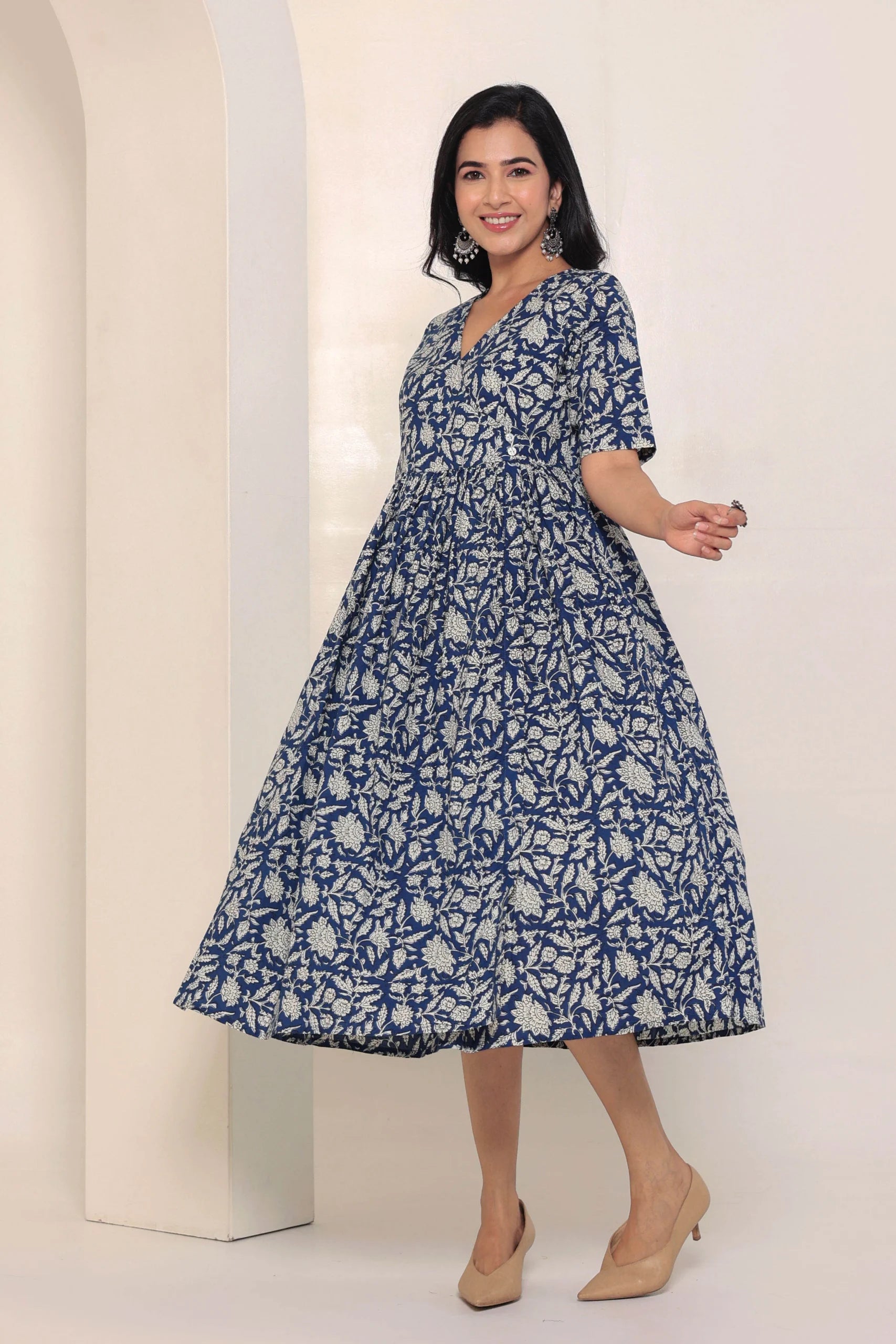 Blue Hand Block Printed V-Neck Dress In Angrakha style