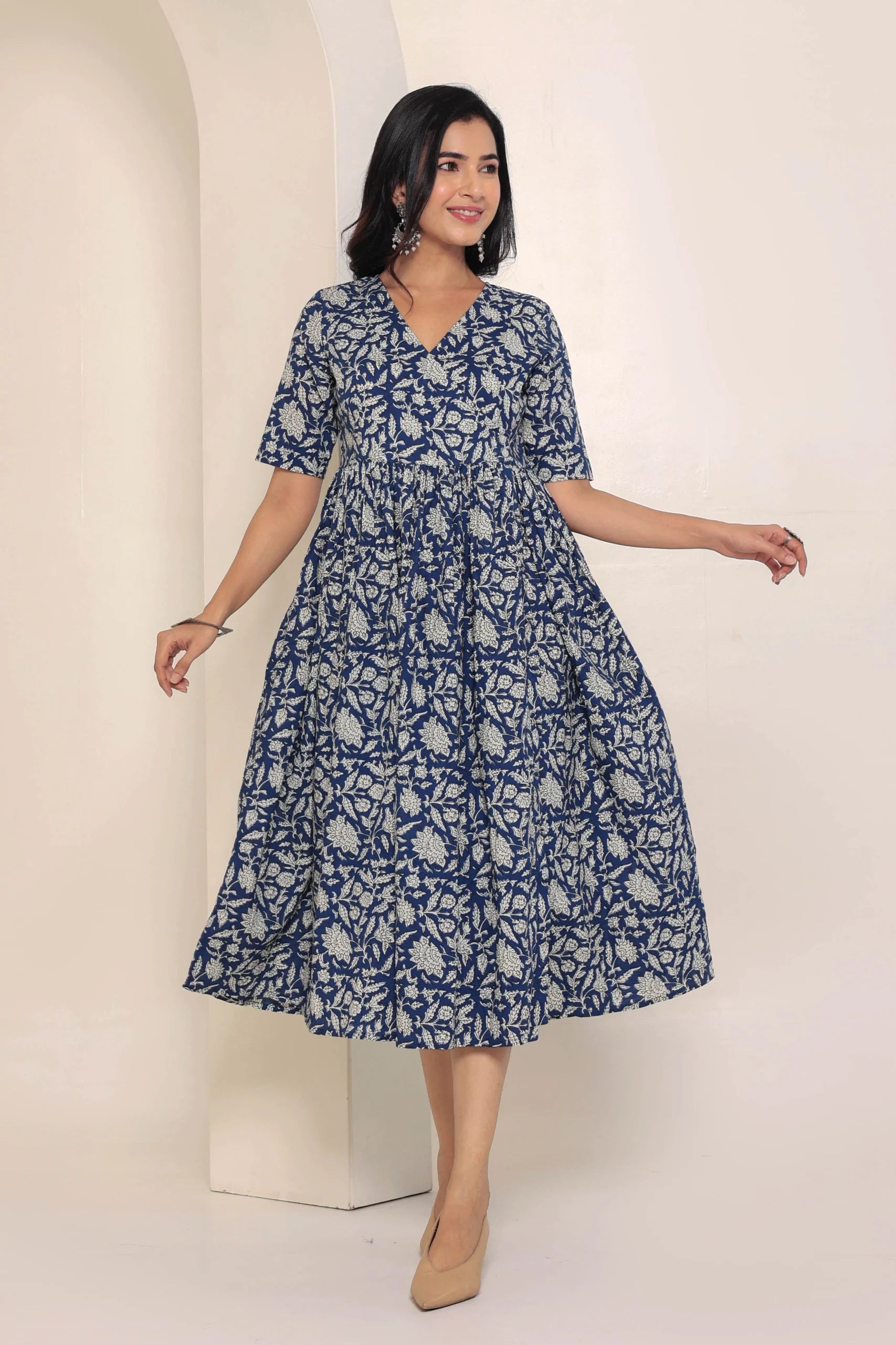 Blue Hand Block Printed V-Neck Dress In Angrakha style