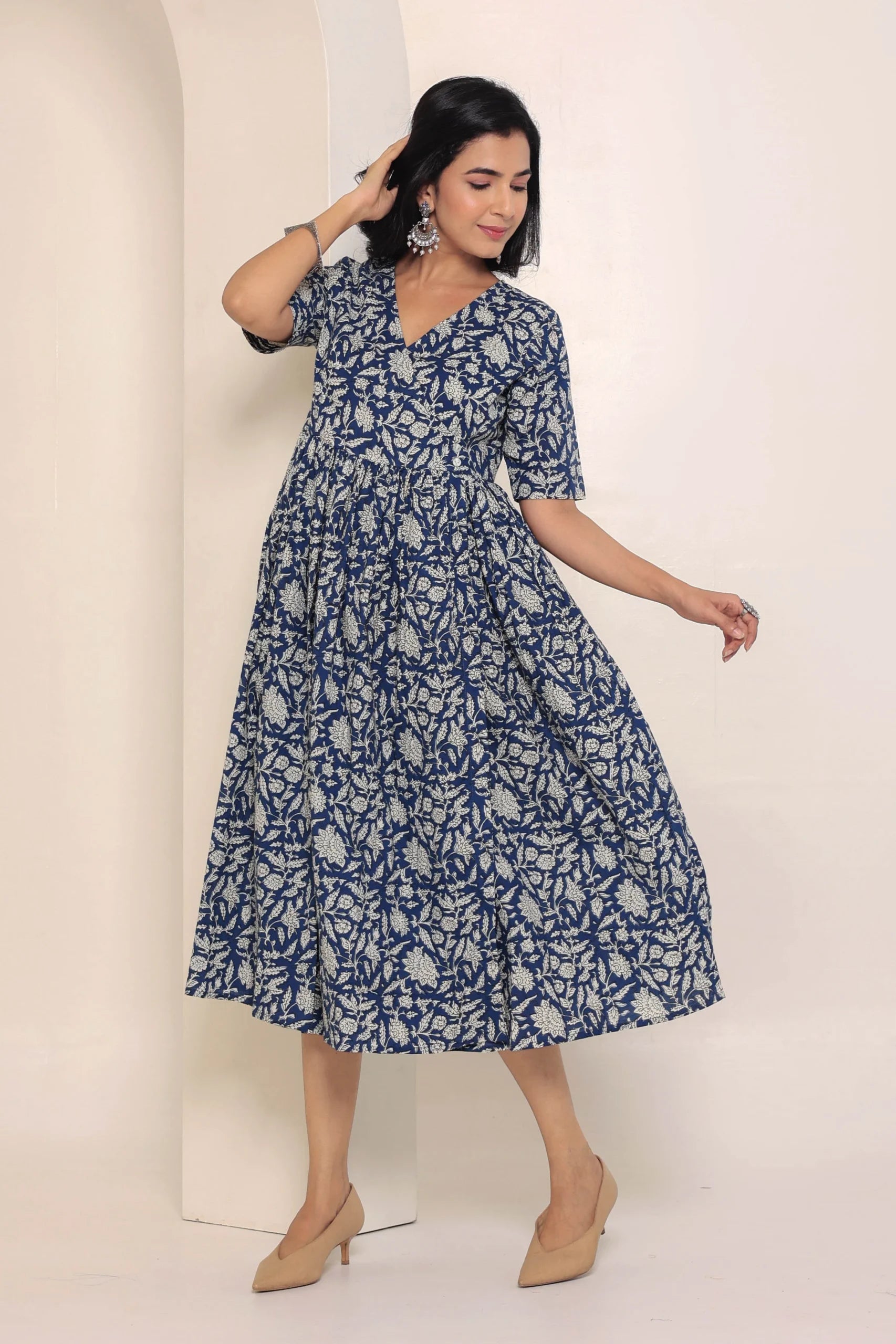 Blue Hand Block Printed V-Neck Dress In Angrakha style