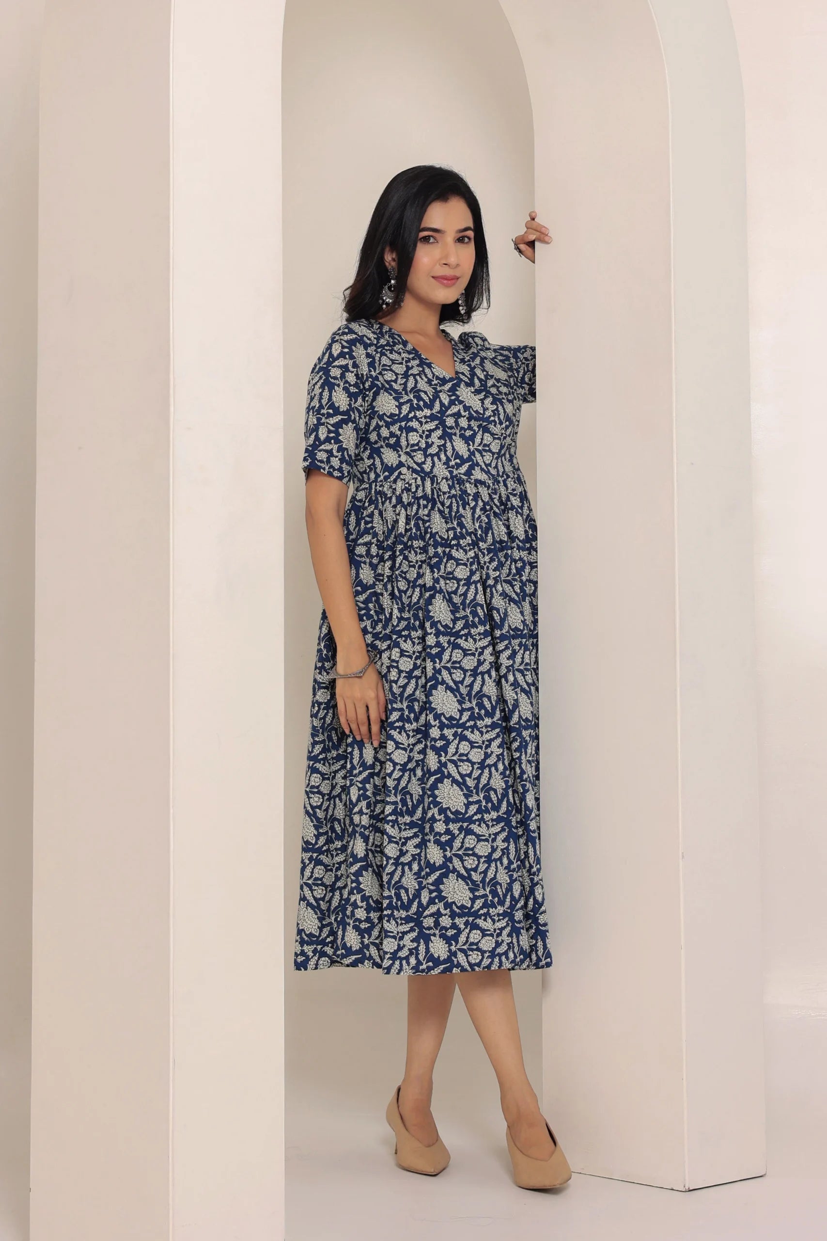 Blue Hand Block Printed V-Neck Dress In Angrakha style