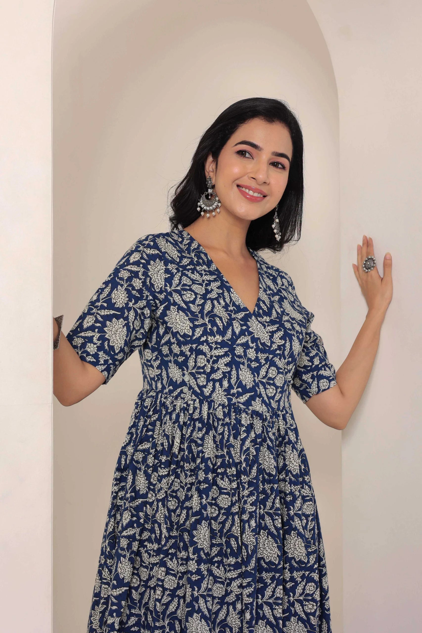 Blue Hand Block Printed V-Neck Dress In Angrakha style