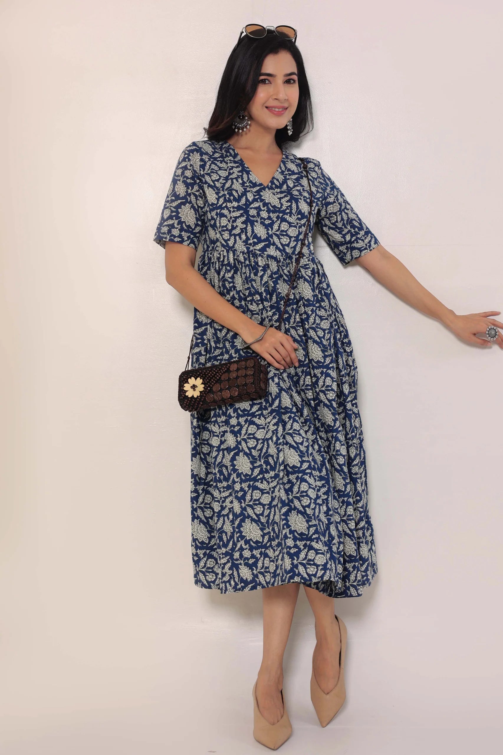 Blue Hand Block Printed V-Neck Dress In Angrakha style