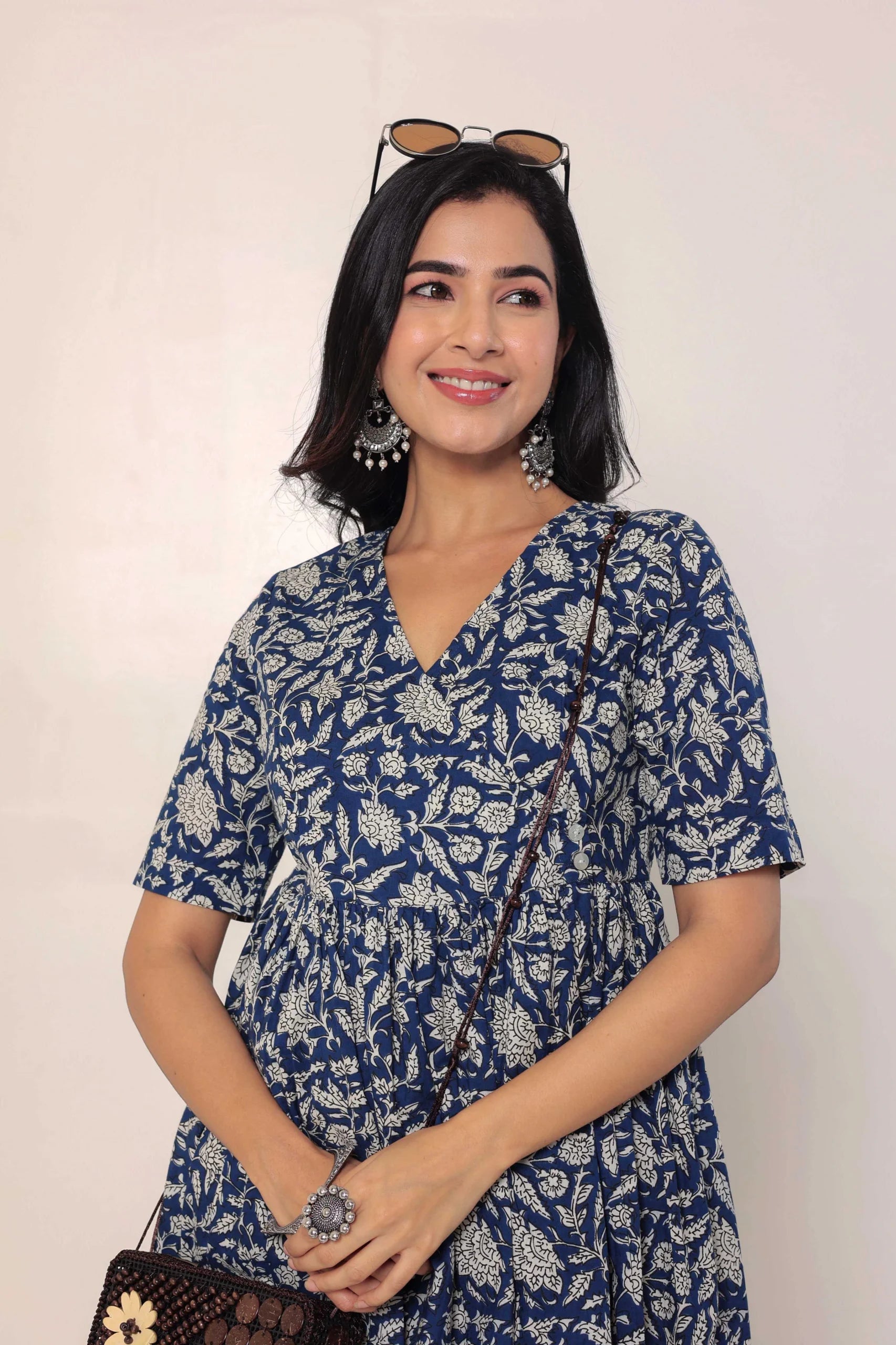 Blue Hand Block Printed V-Neck Dress In Angrakha style