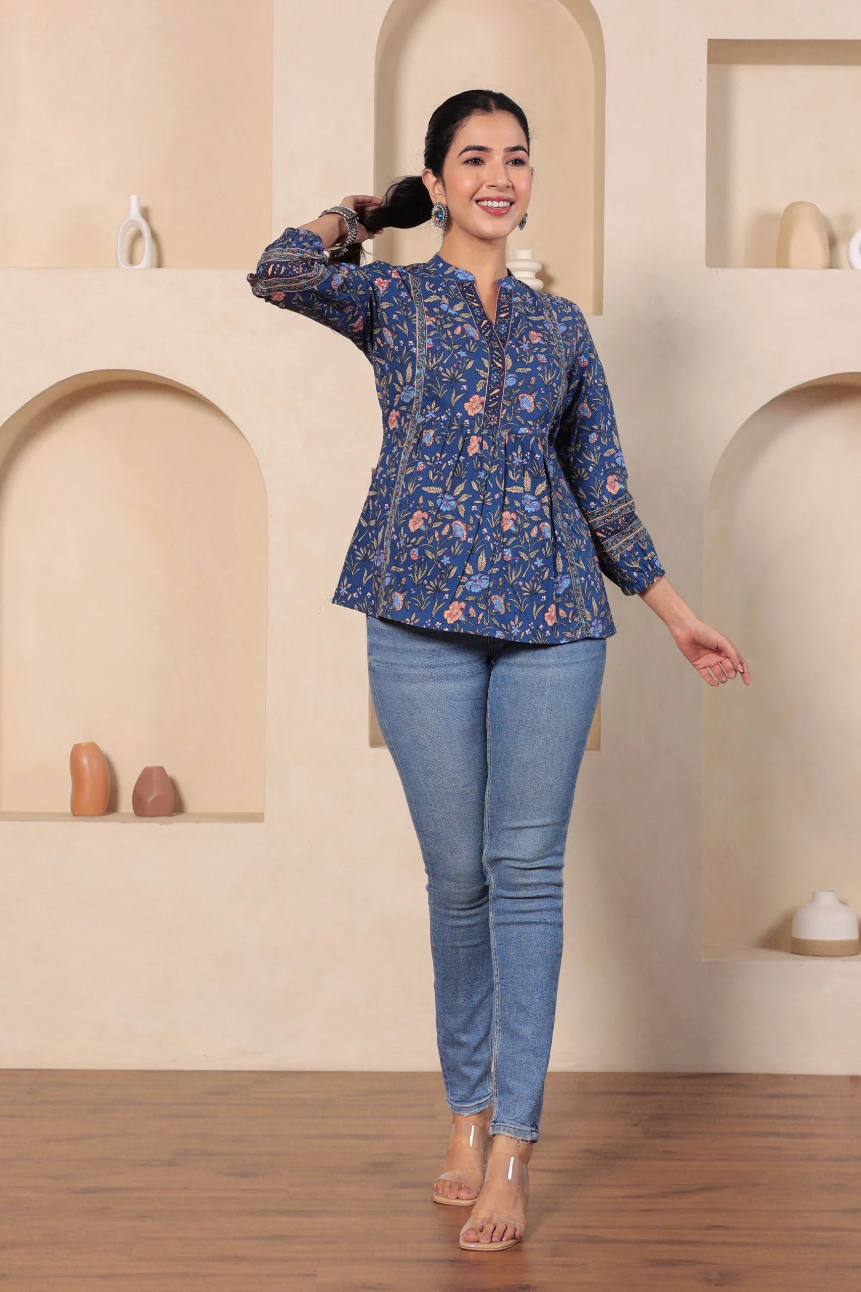 Navy Print Mandarin Collar Empire Pure Cotton Longline Top