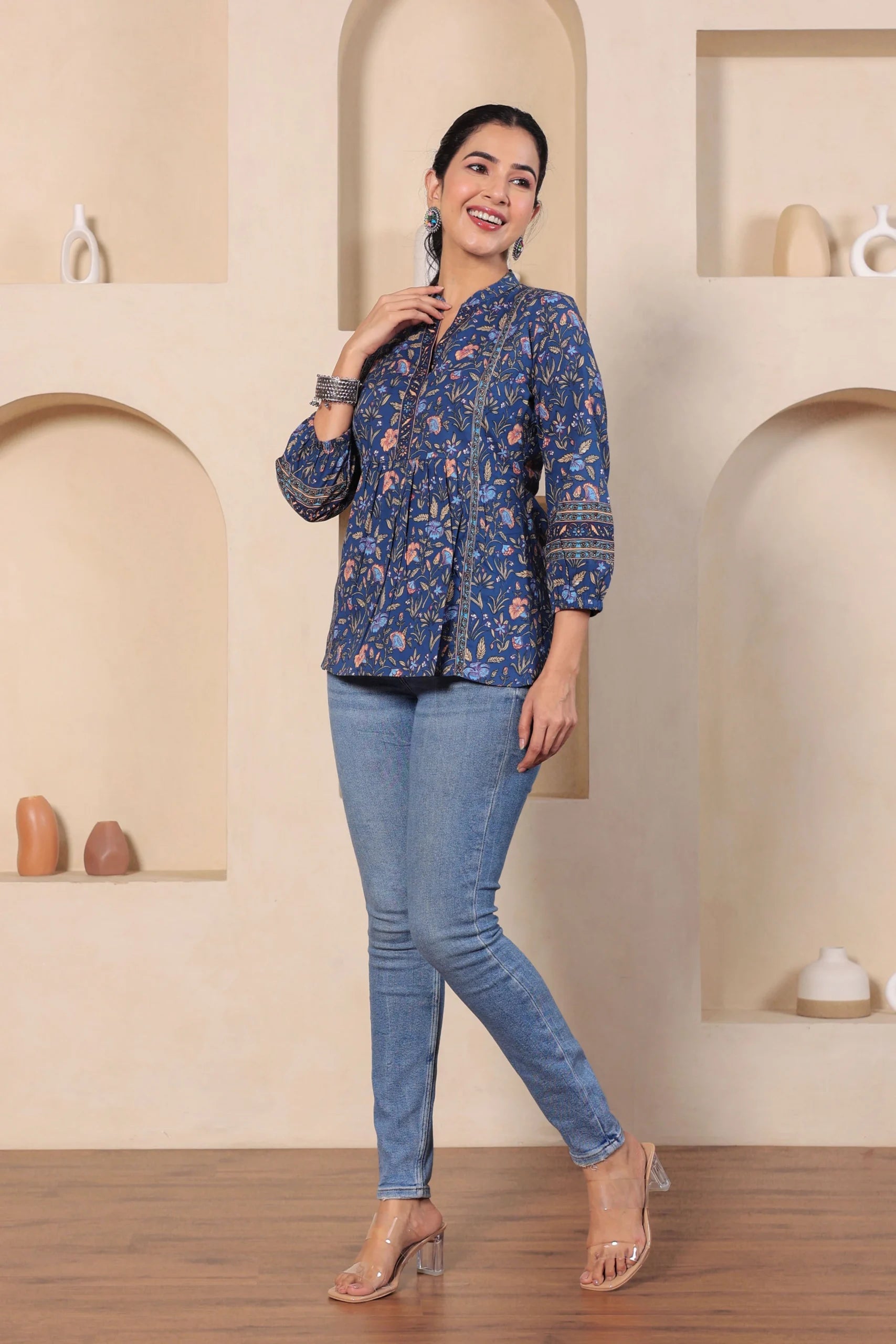 Navy Print Mandarin Collar Empire Pure Cotton Longline Top