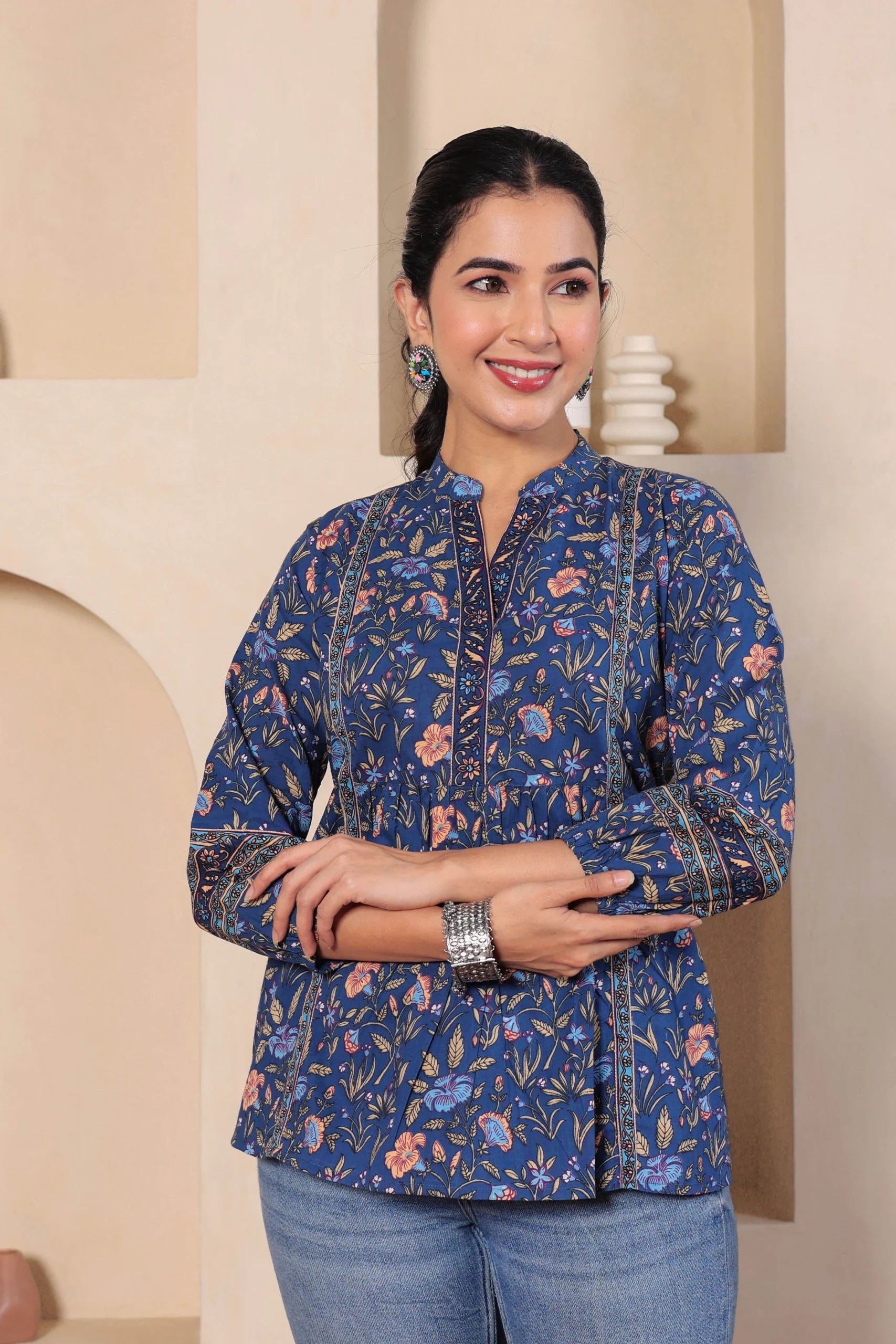 Navy Print Mandarin Collar Empire Pure Cotton Longline Top