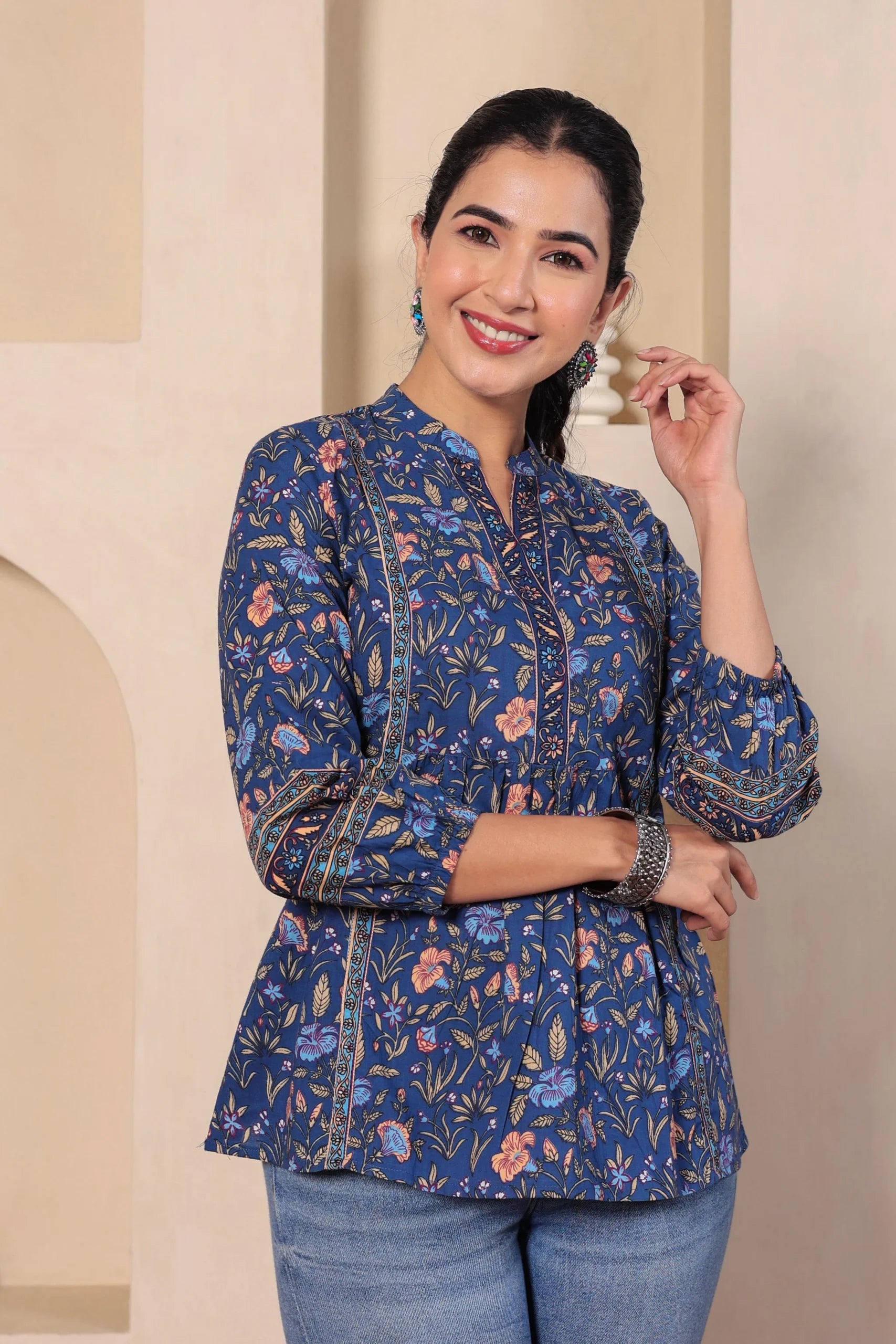 Navy Print Mandarin Collar Empire Pure Cotton Longline Top
