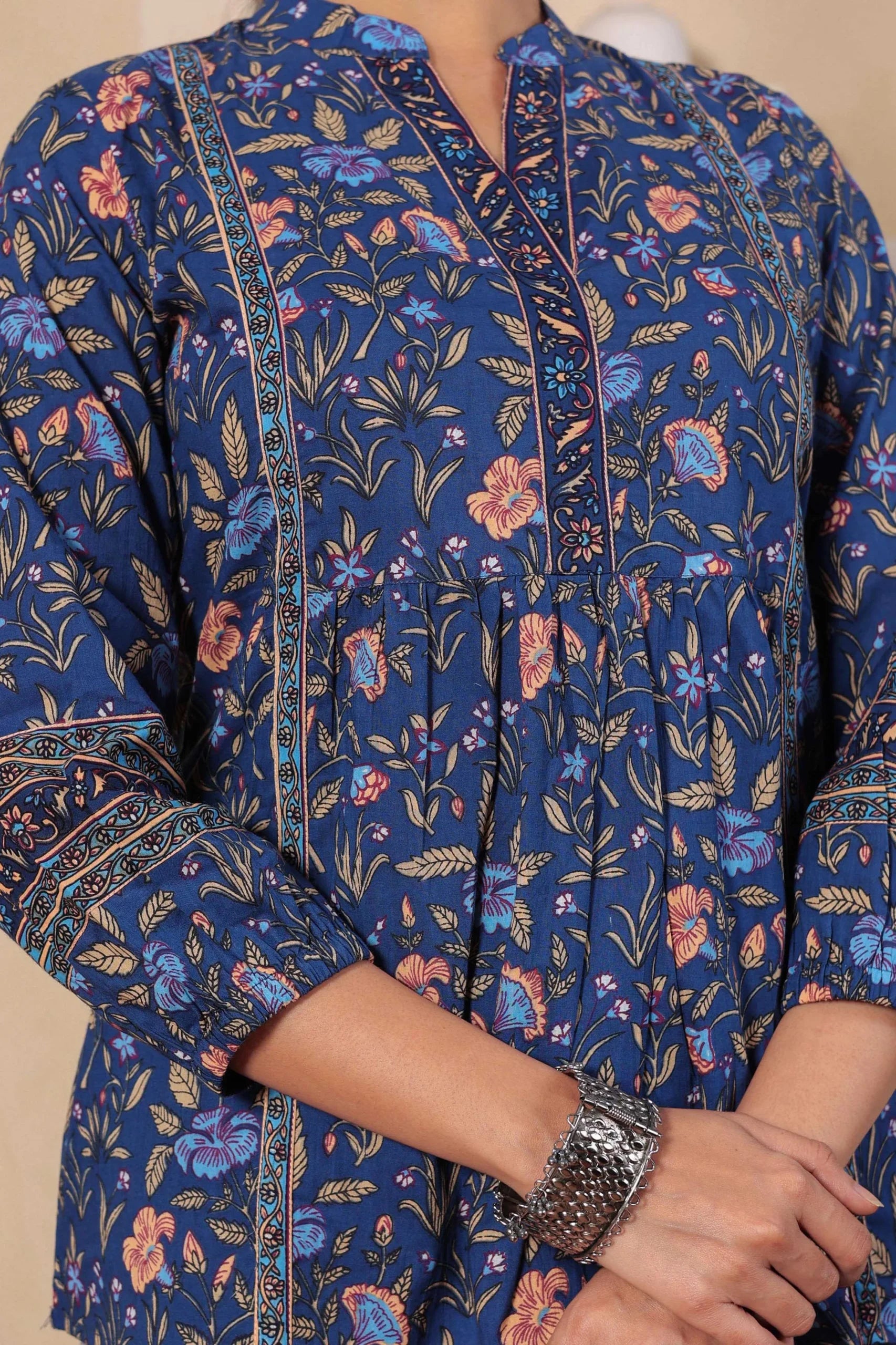 Navy Print Mandarin Collar Empire Pure Cotton Longline Top