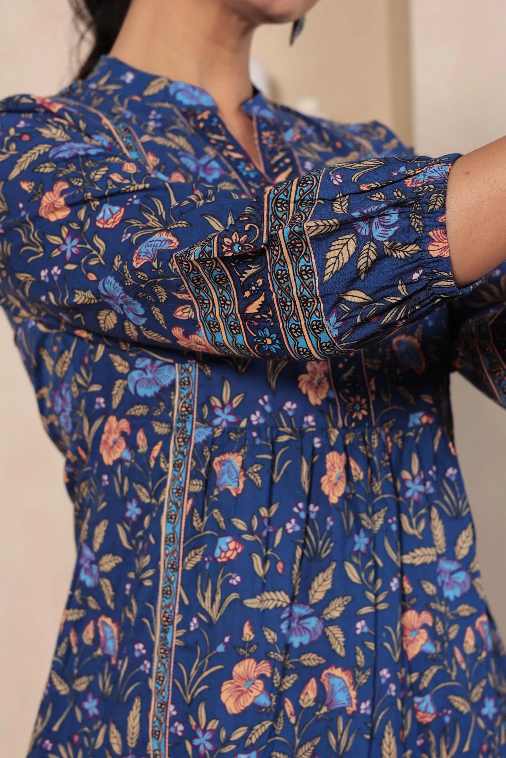 Navy Print Mandarin Collar Empire Pure Cotton Longline Top