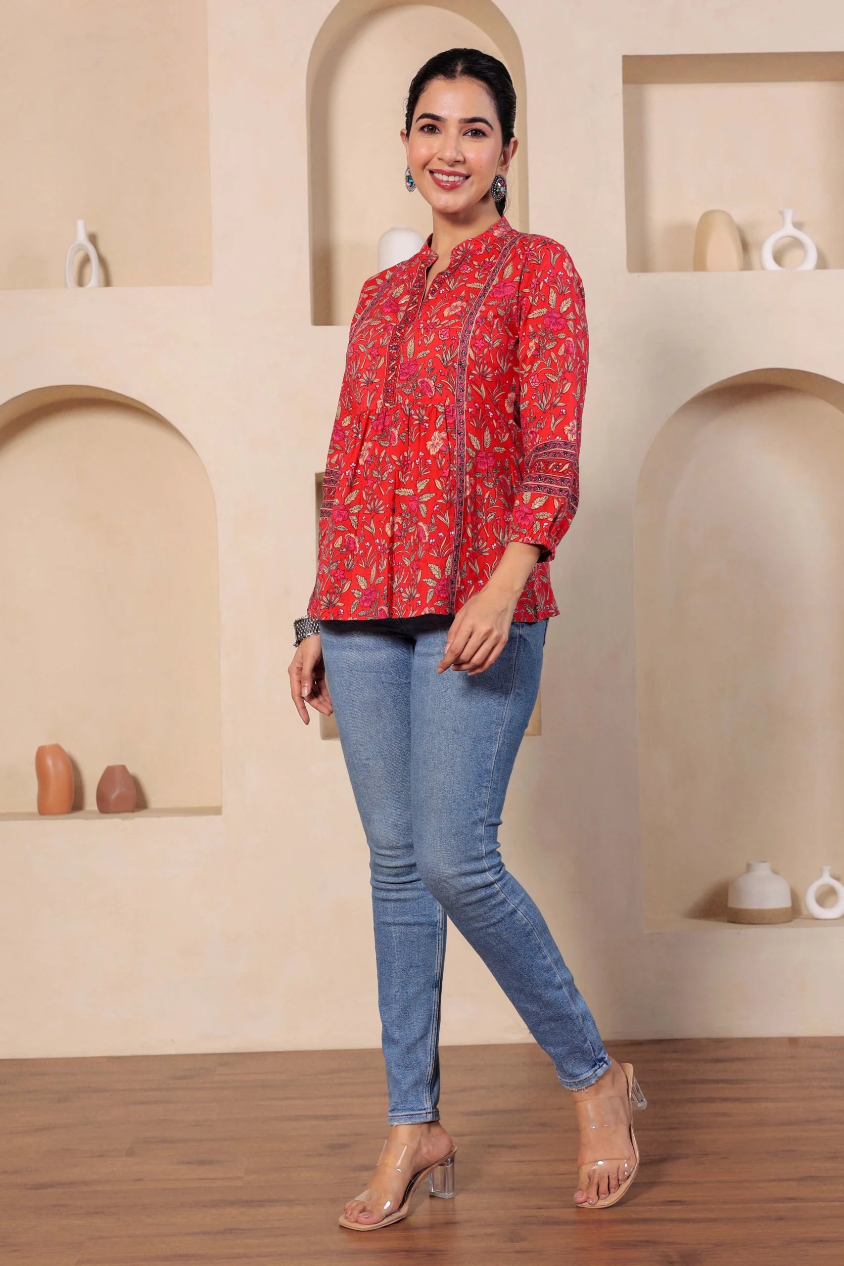 Red Print Mandarin Collar Empire Pure Cotton Longline Top
