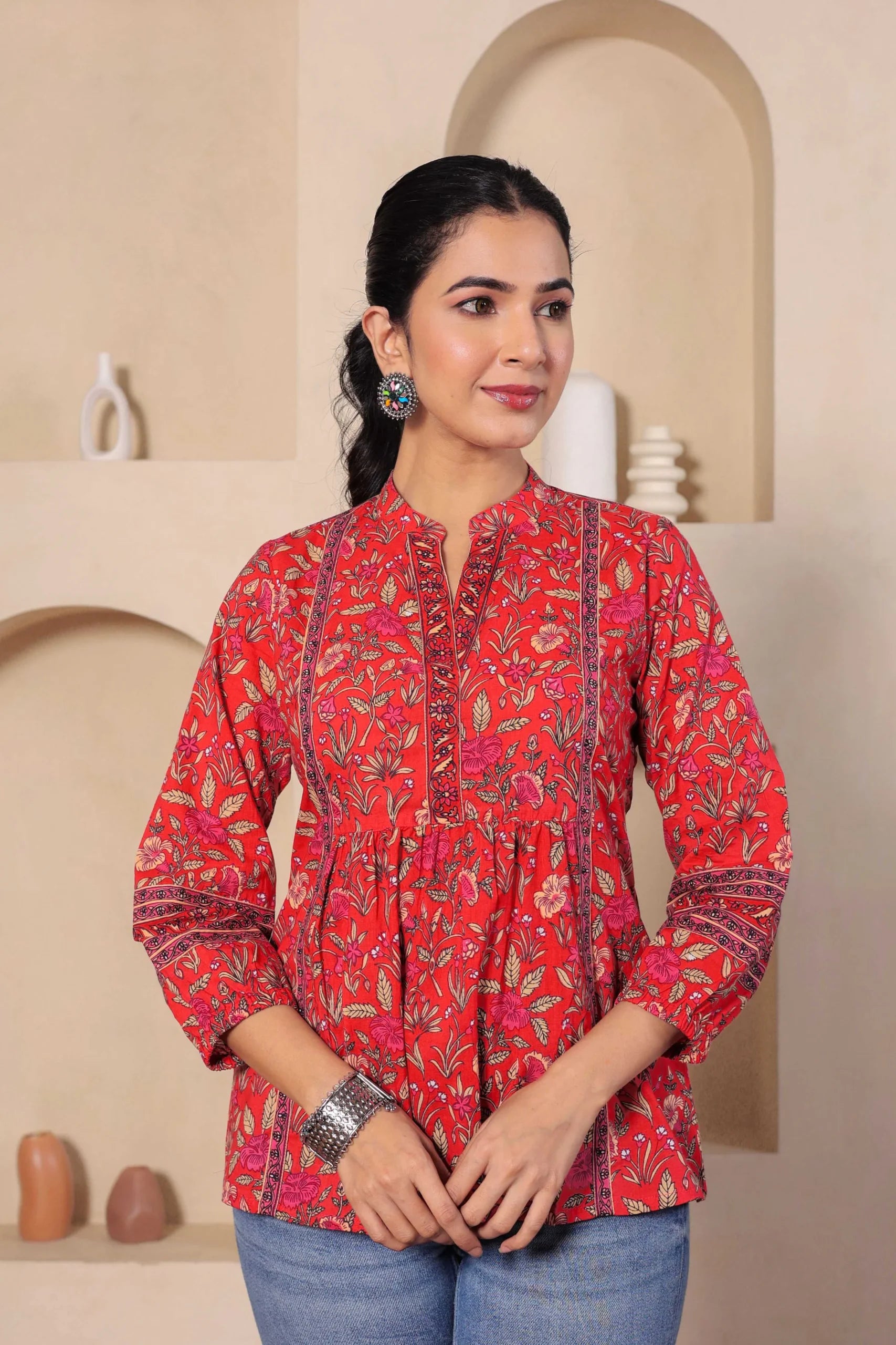 Red Print Mandarin Collar Empire Pure Cotton Longline Top