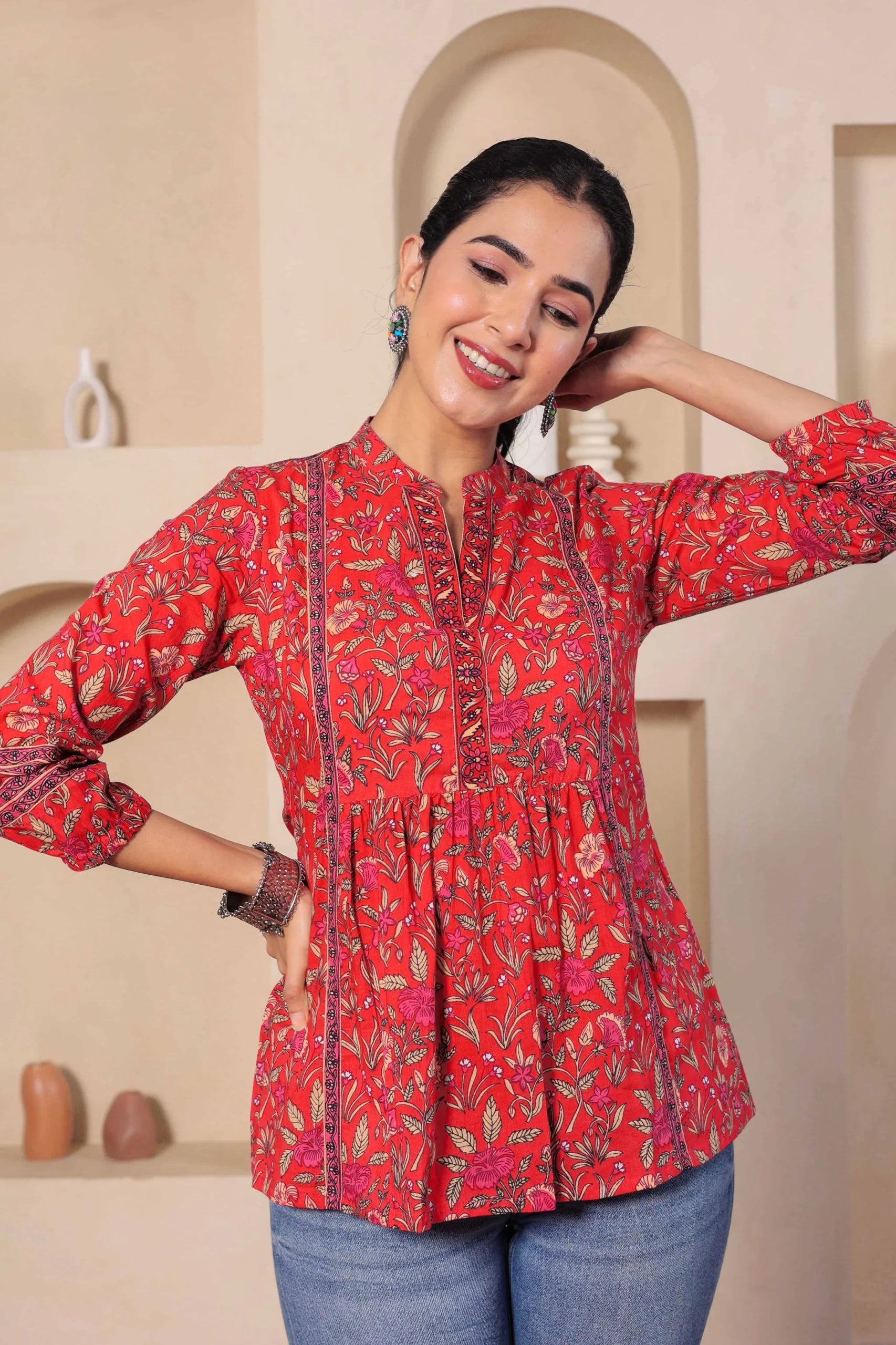 Red Print Mandarin Collar Empire Pure Cotton Longline Top