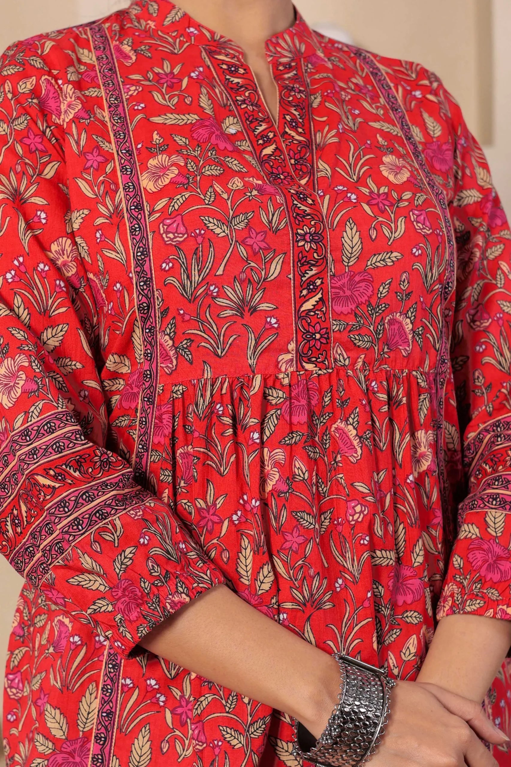 Red Print Mandarin Collar Empire Pure Cotton Longline Top