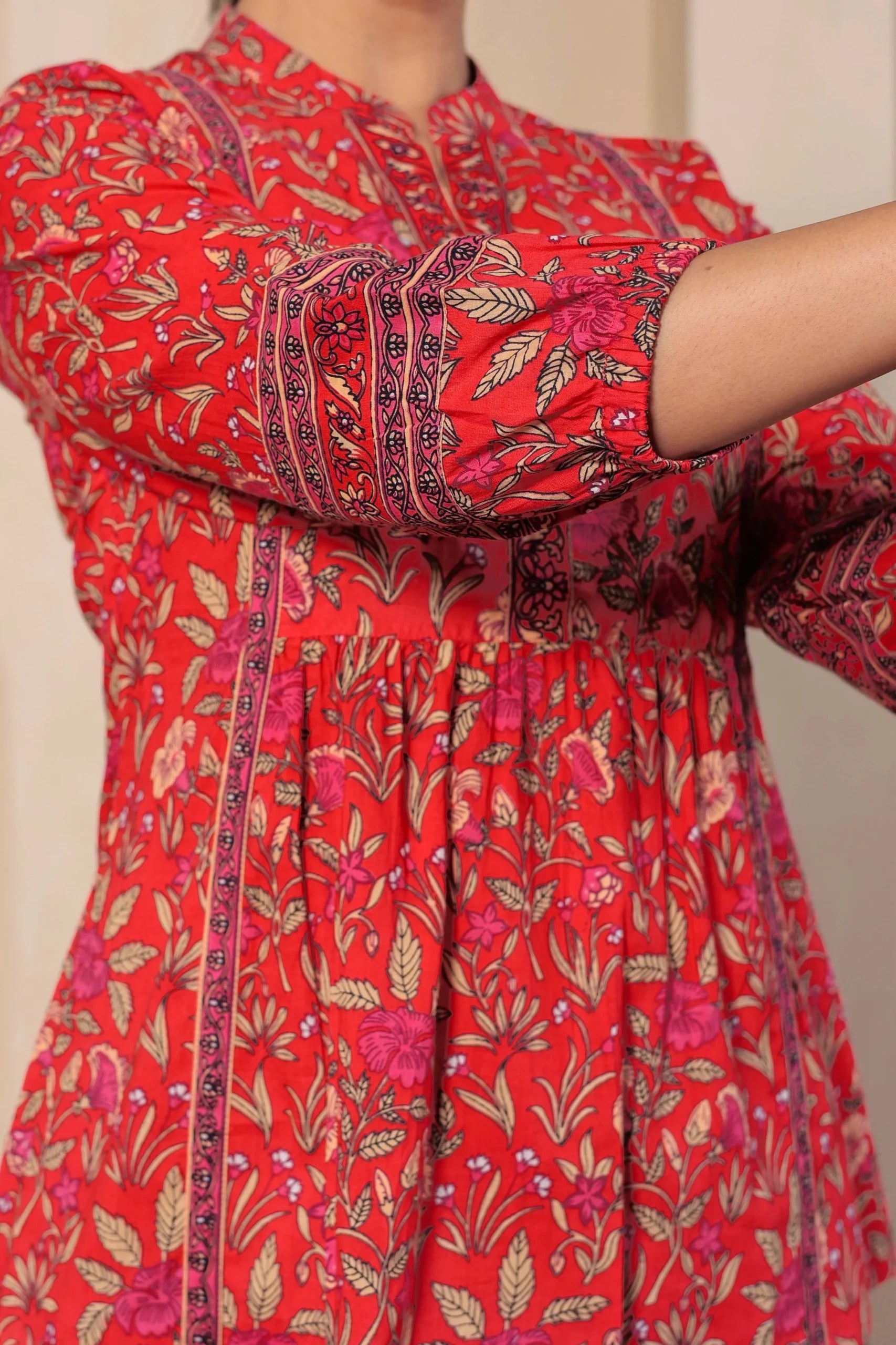 Red Print Mandarin Collar Empire Pure Cotton Longline Top