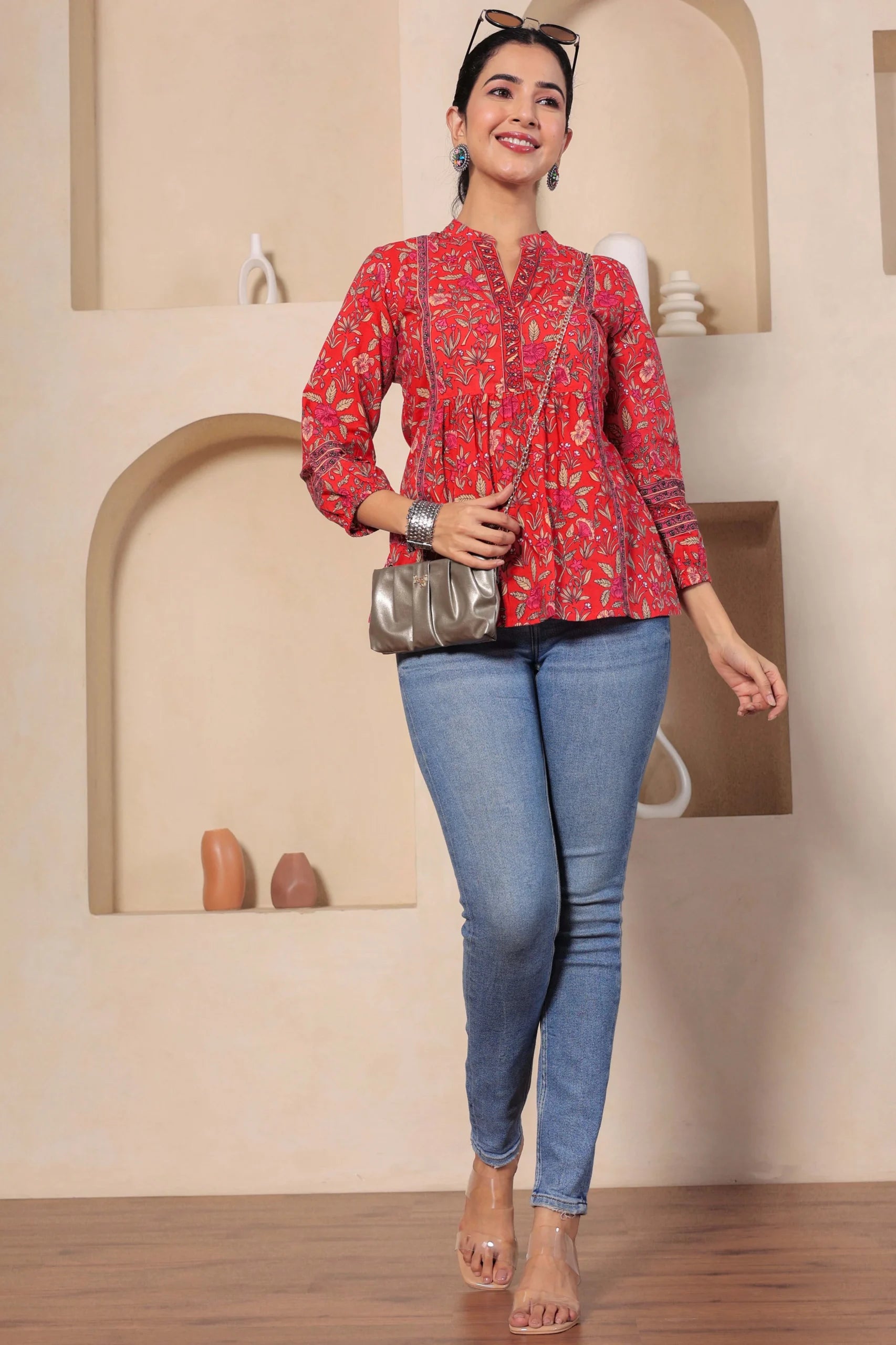 Red Print Mandarin Collar Empire Pure Cotton Longline Top