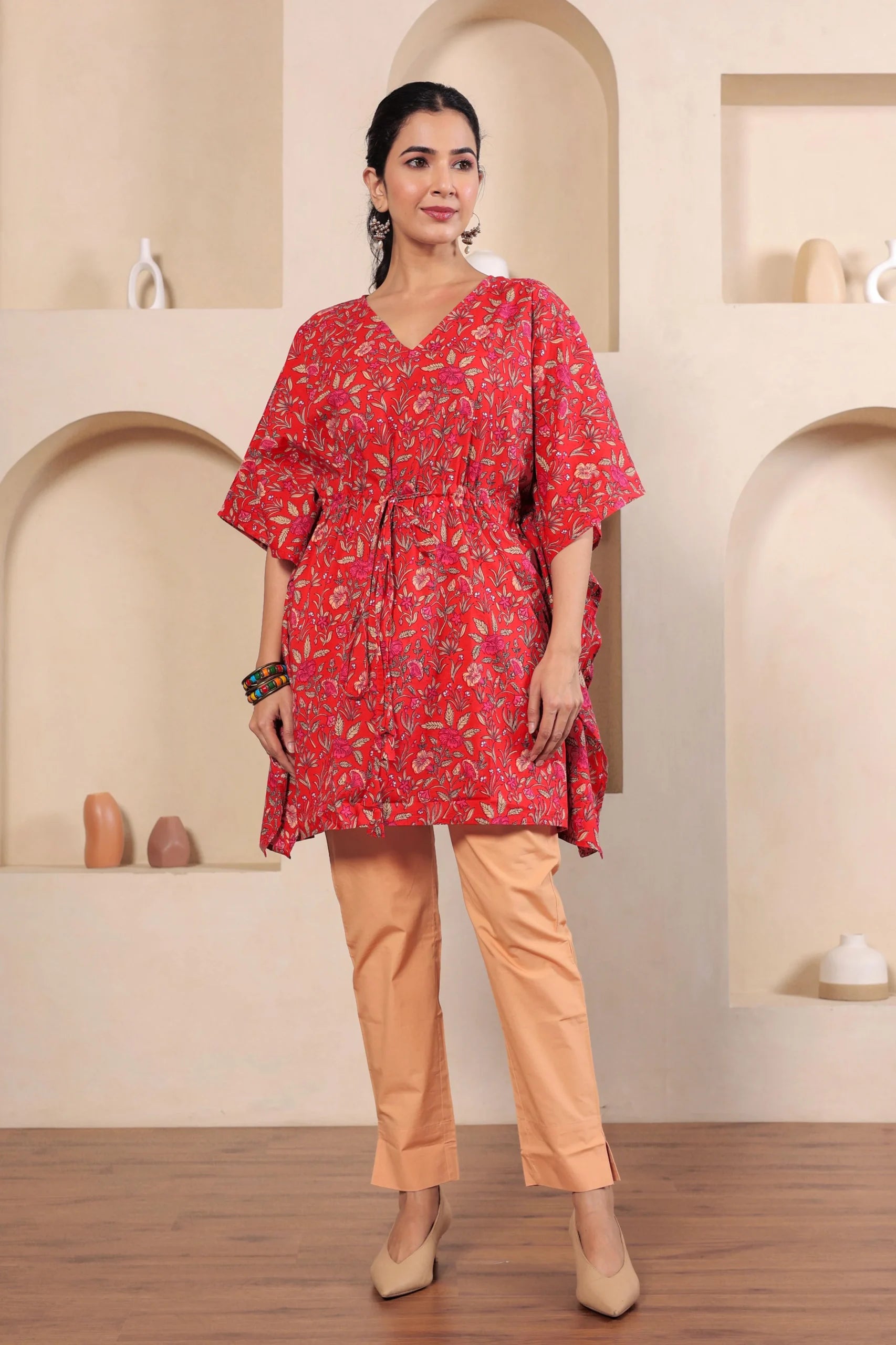Red Printed Cotton Kimono sleeves kaftan top