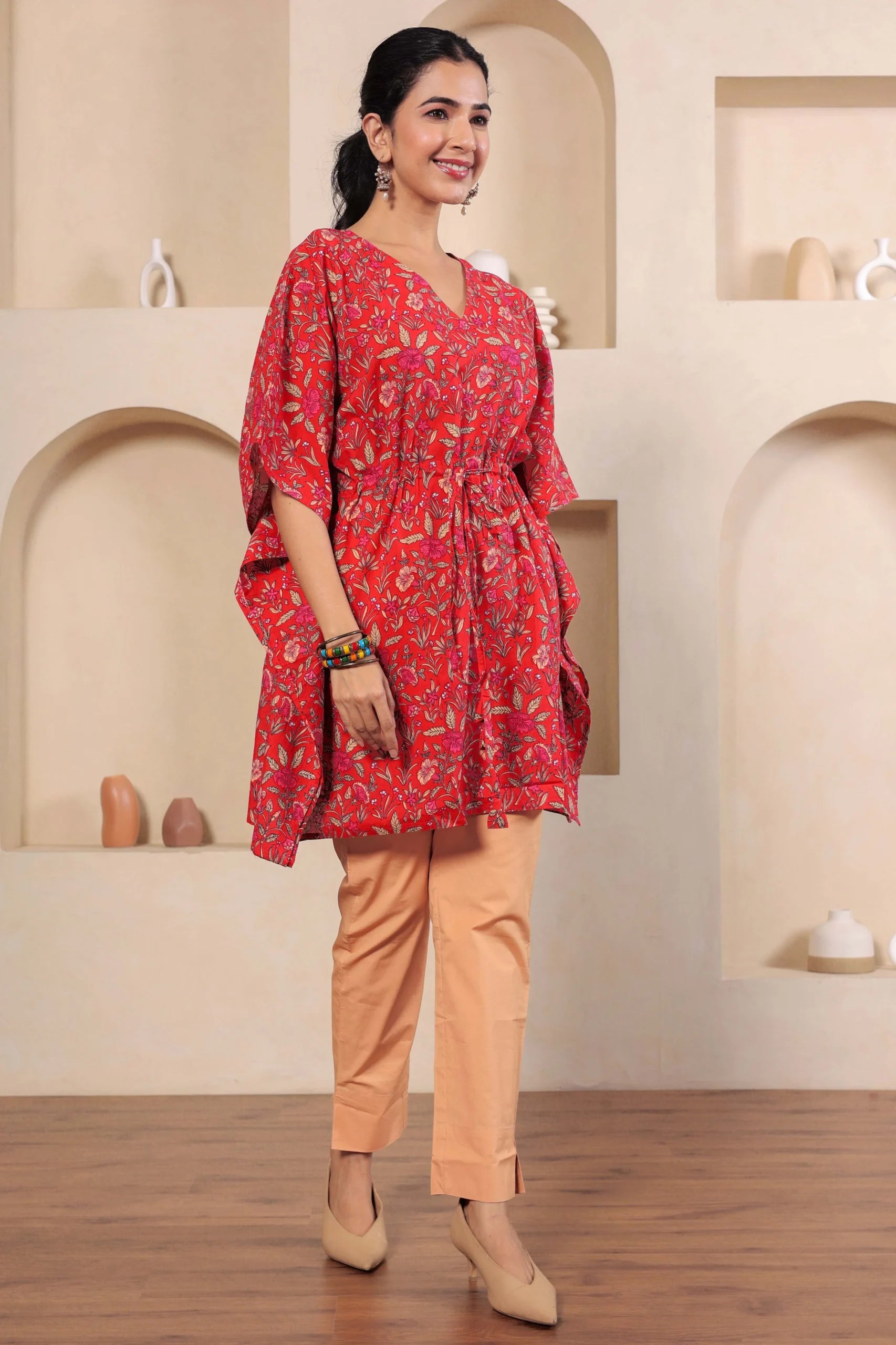 Red Printed Cotton Kimono sleeves kaftan top