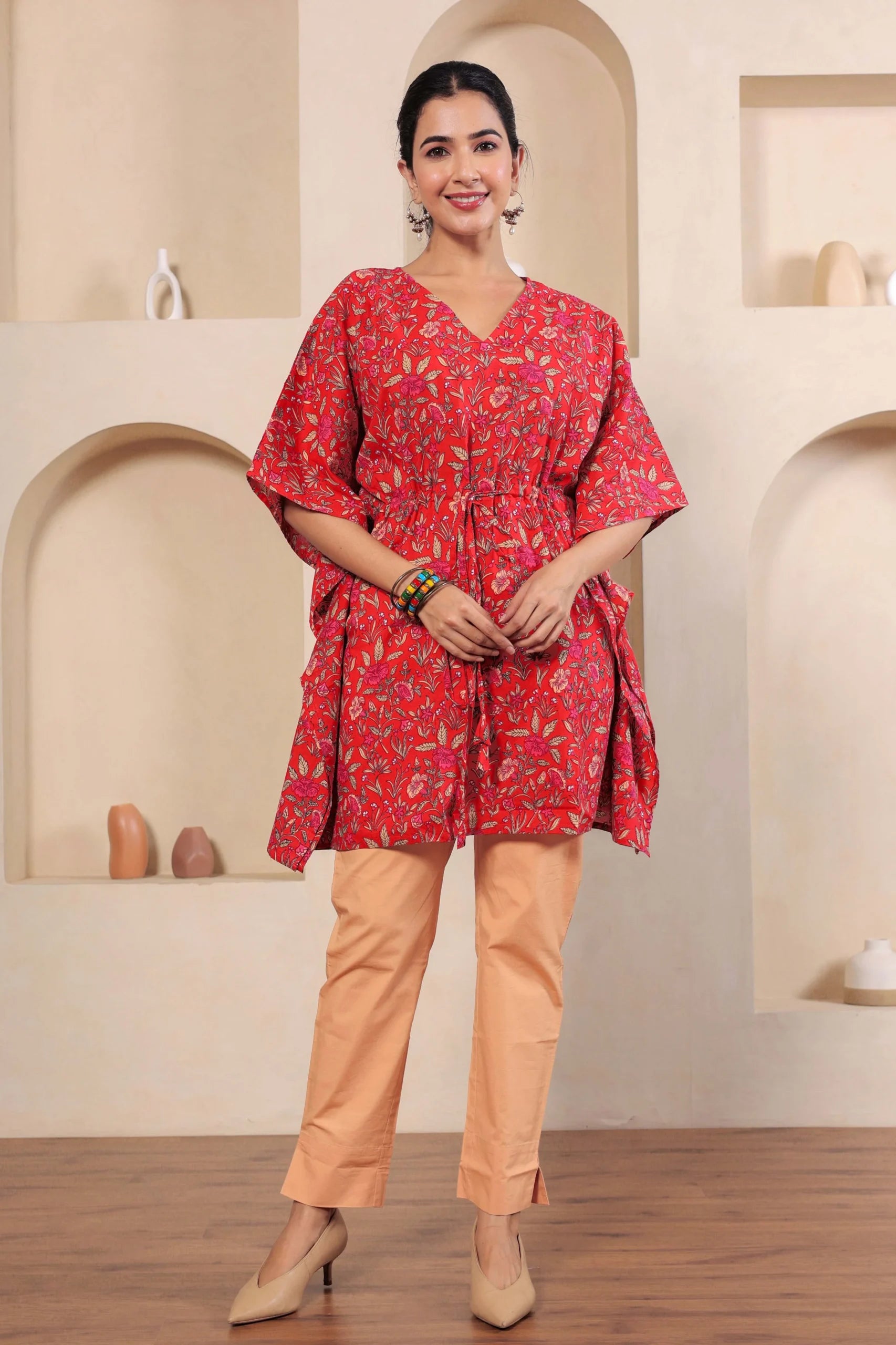 Red Printed Cotton Kimono sleeves kaftan top