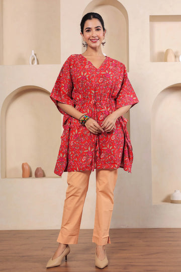 Red Printed Cotton Kimono sleeves kaftan top